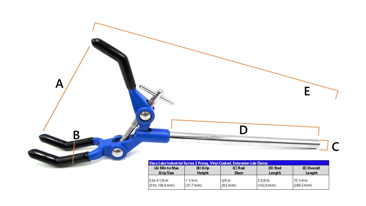 3-Finger Vinyl-Coated Extension Clamp with 2" Fingers on Stainless Steel Rod