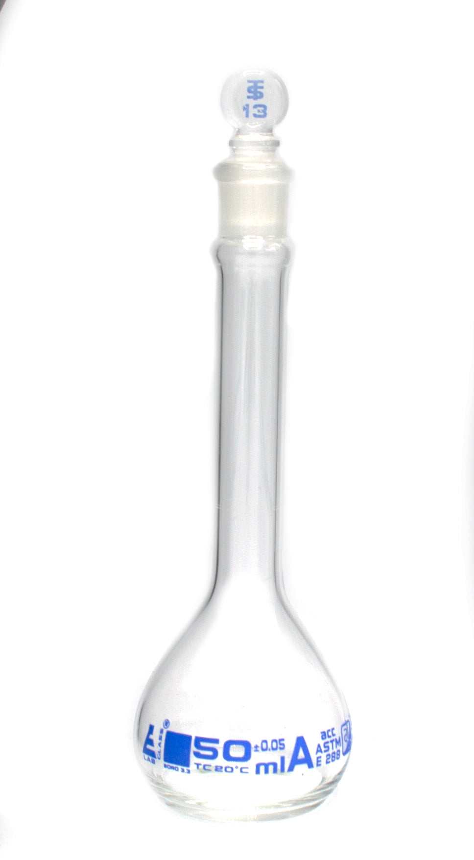 ASTM Class A Borosilicate Glass Volumetric Flask with Glass Stopper, Blue Graduations