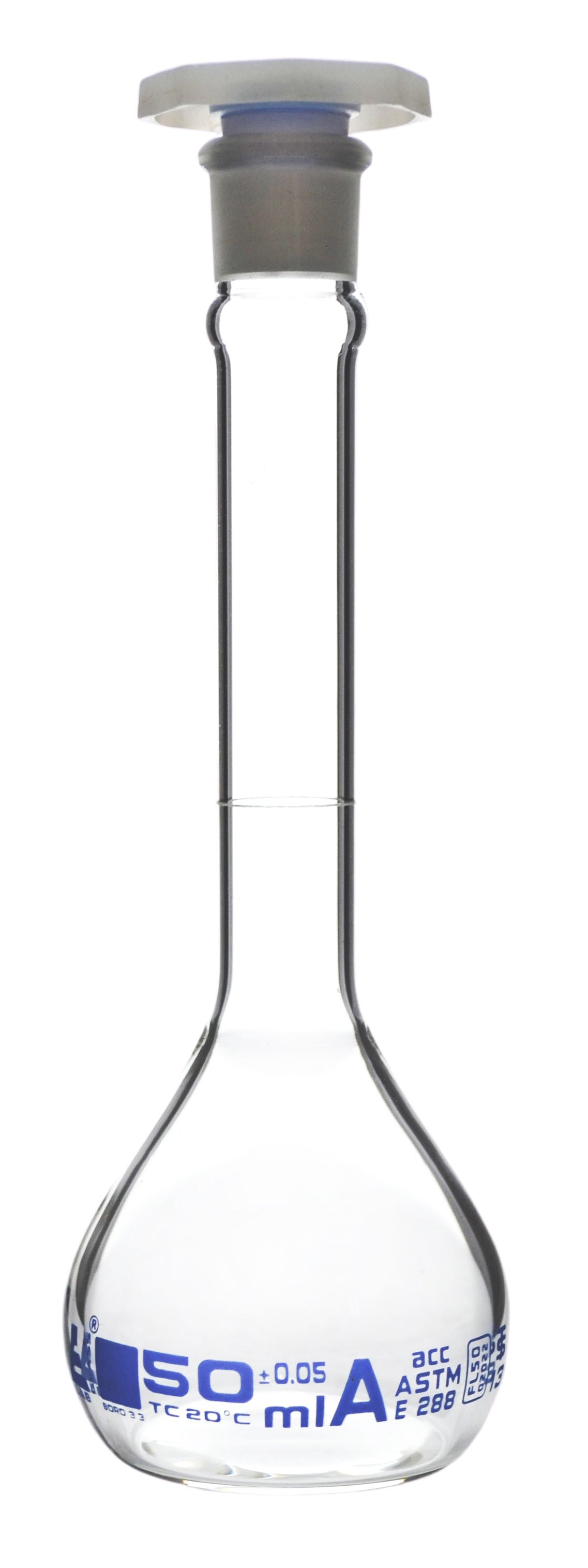 Class A Borosilicate Glass Volumetric Flask with Polypropylene Stopper, White Graduations