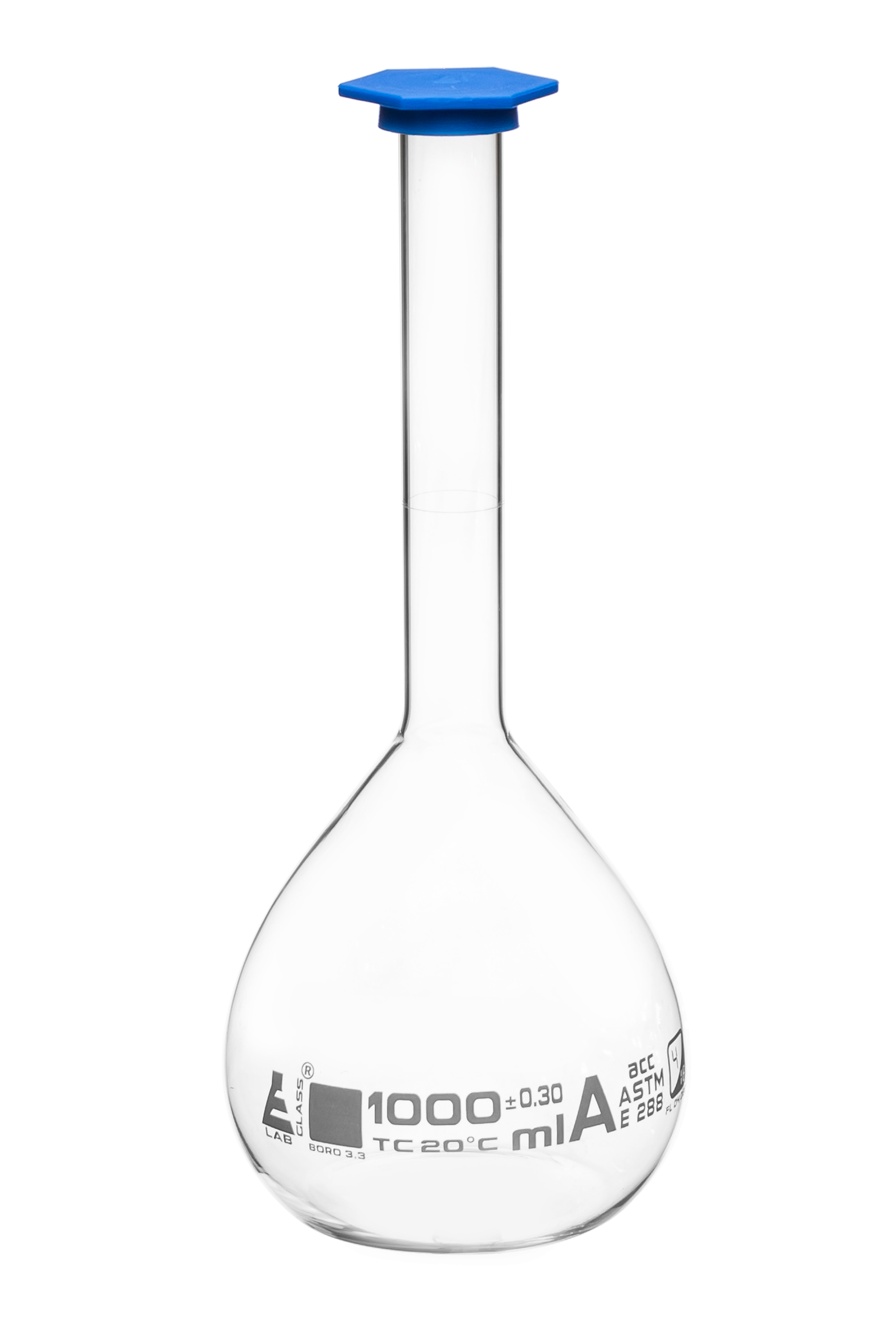 ASTM Class A Borosilicate Glass Volumetric Flask with Snap Cap, White Graduations
