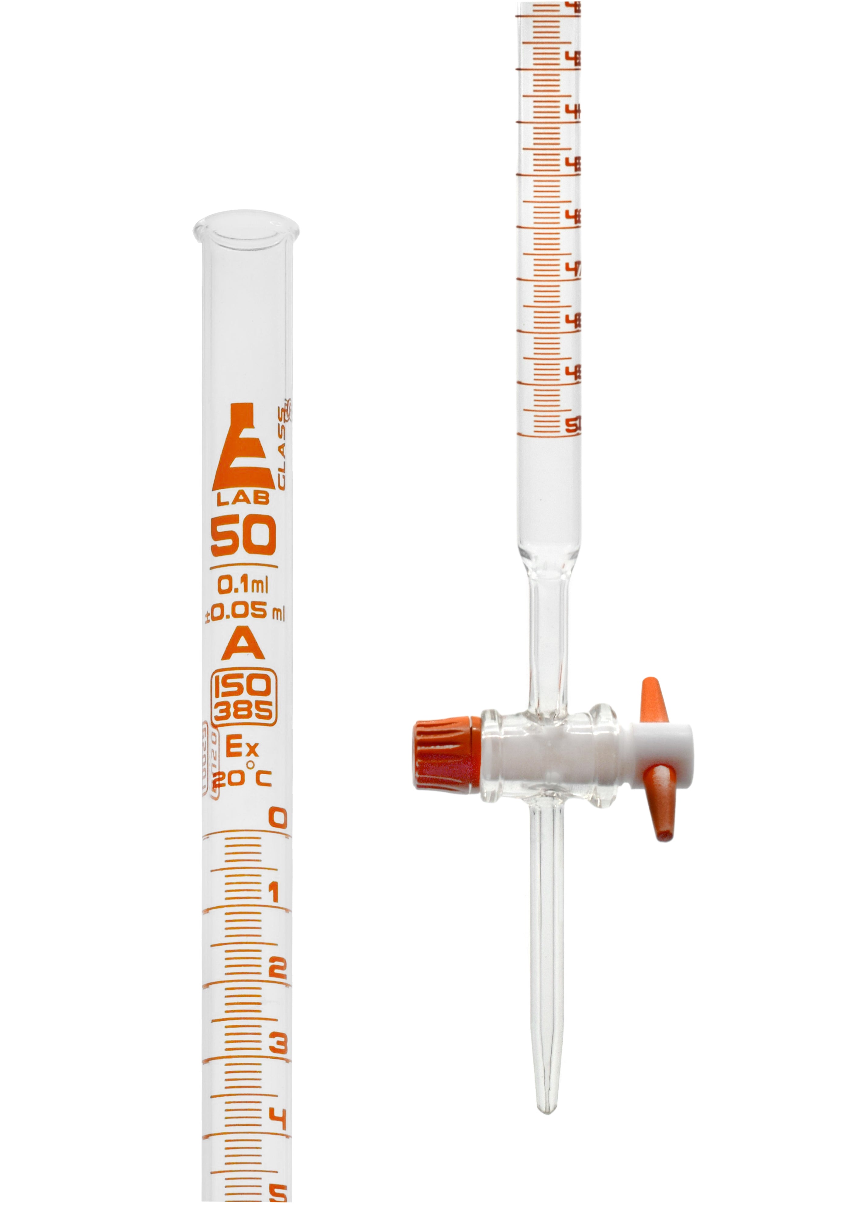 Amber Class A Burette with PTFE Stopcock, 50mL, 0.1mL Graduations, Borosilicate Glass