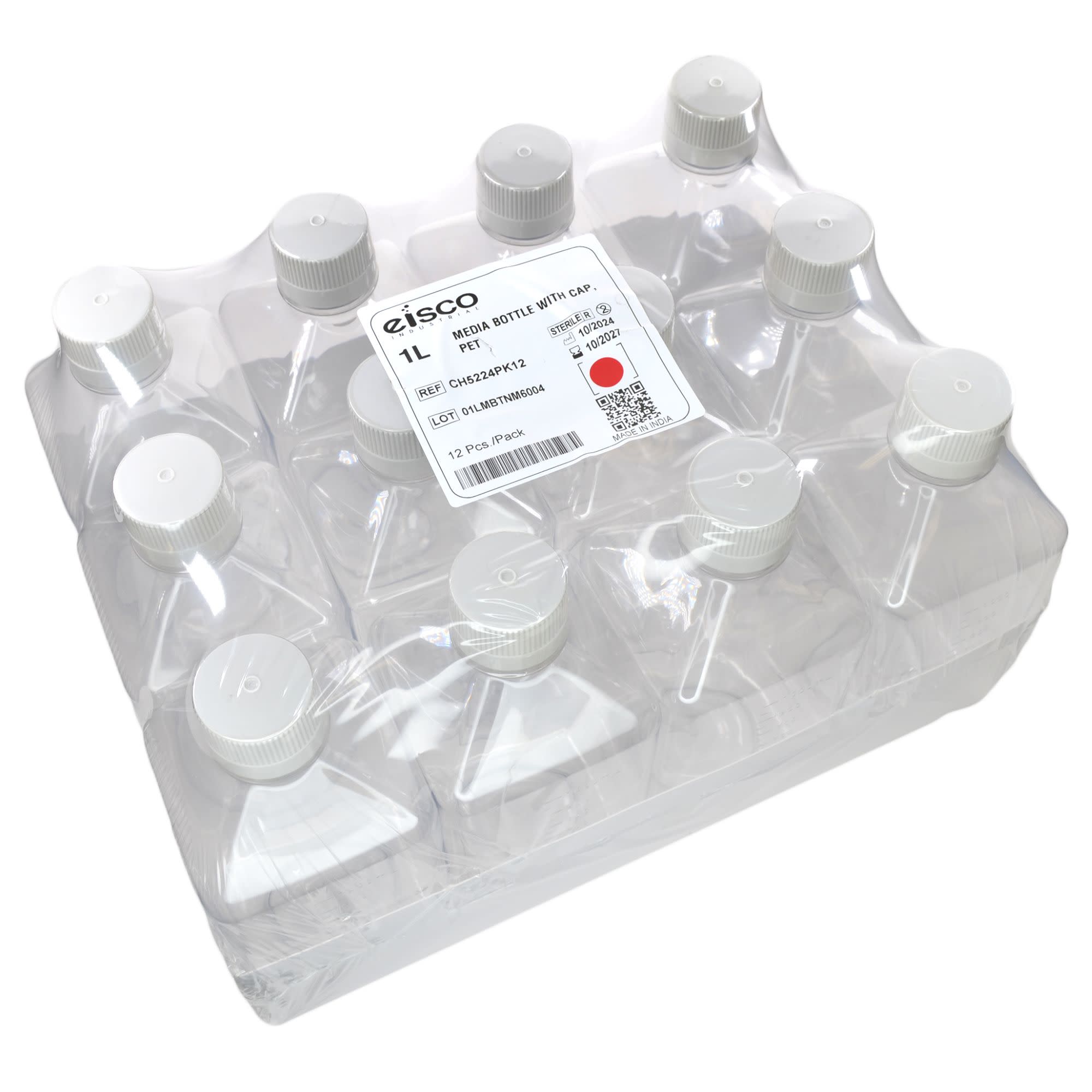 12-Pack Sterile PET Media Bottles with HDPE Caps, 1L
