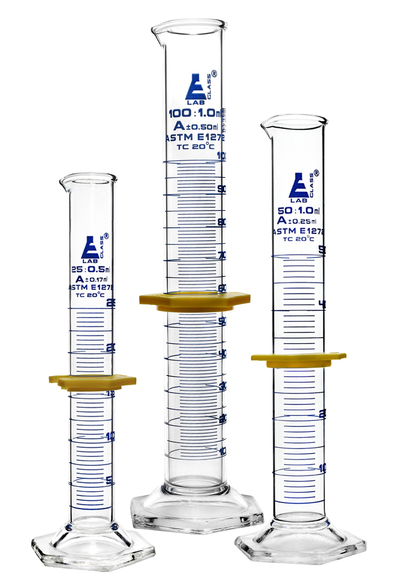 ASTM Class A 3-Piece Premium Graduated Cylinder Set with Protective Collars and Hexagonal Base, 25/50/100mL, Blue Graduations, Borosilicate 3.3 Glass