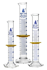 ASTM Class A 3-Piece Premium Graduated Cylinder Set with Protective Collars and Hexagonal Base, 25/50/100mL, Blue Graduations, Borosilicate 3.3 Glass