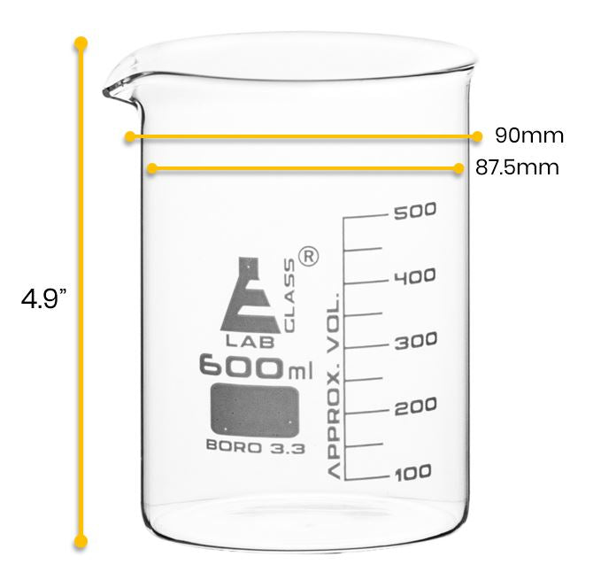 Low Form Borosilicate Glass Beaker with Spout, 600mL, 6-Pack