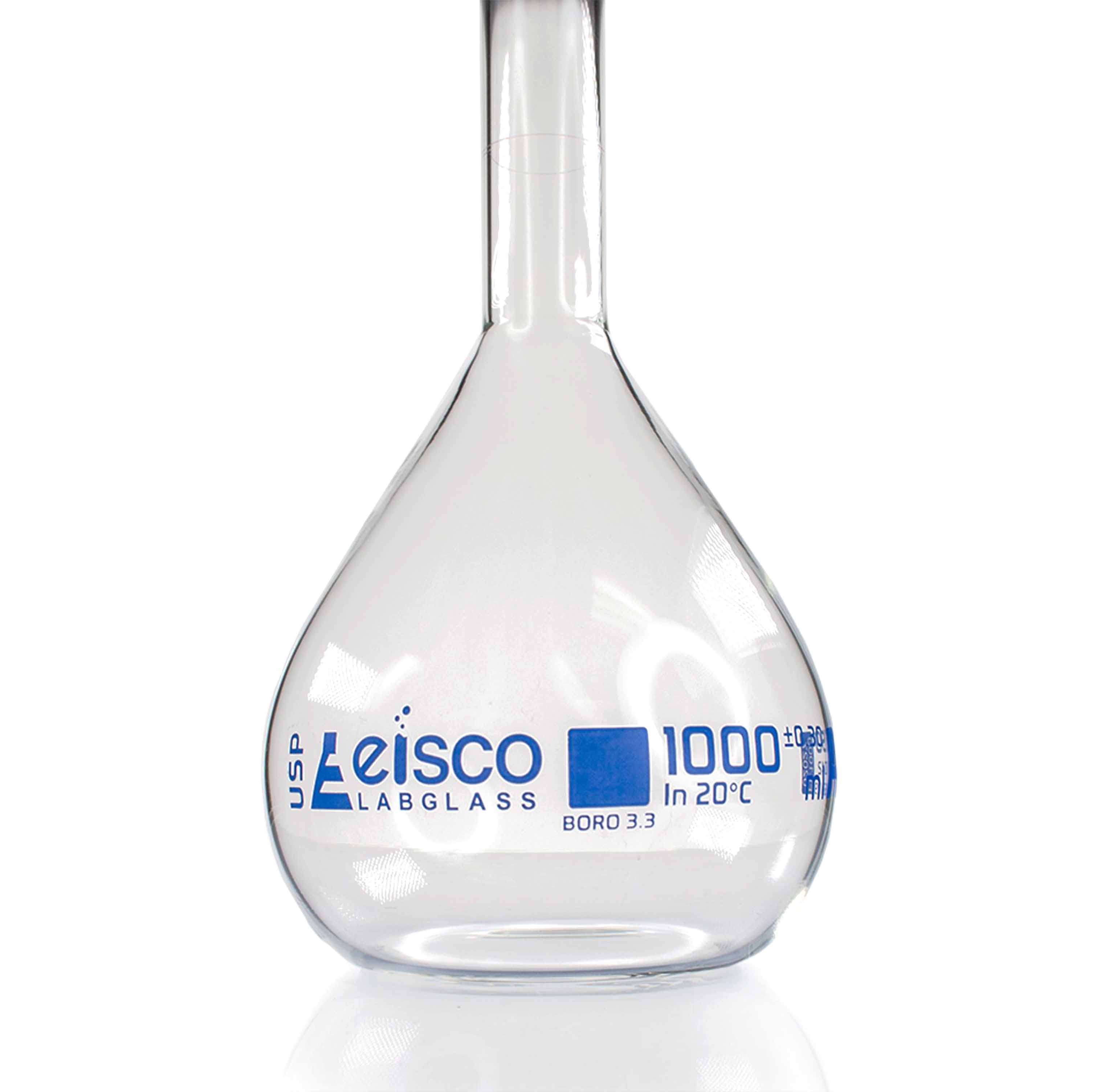 ASTM E288 Class A Volumetric Flask with Polypropylene Stopper, 1000mL, Single Graduation Mark, Borosilicate 3.3 Glass