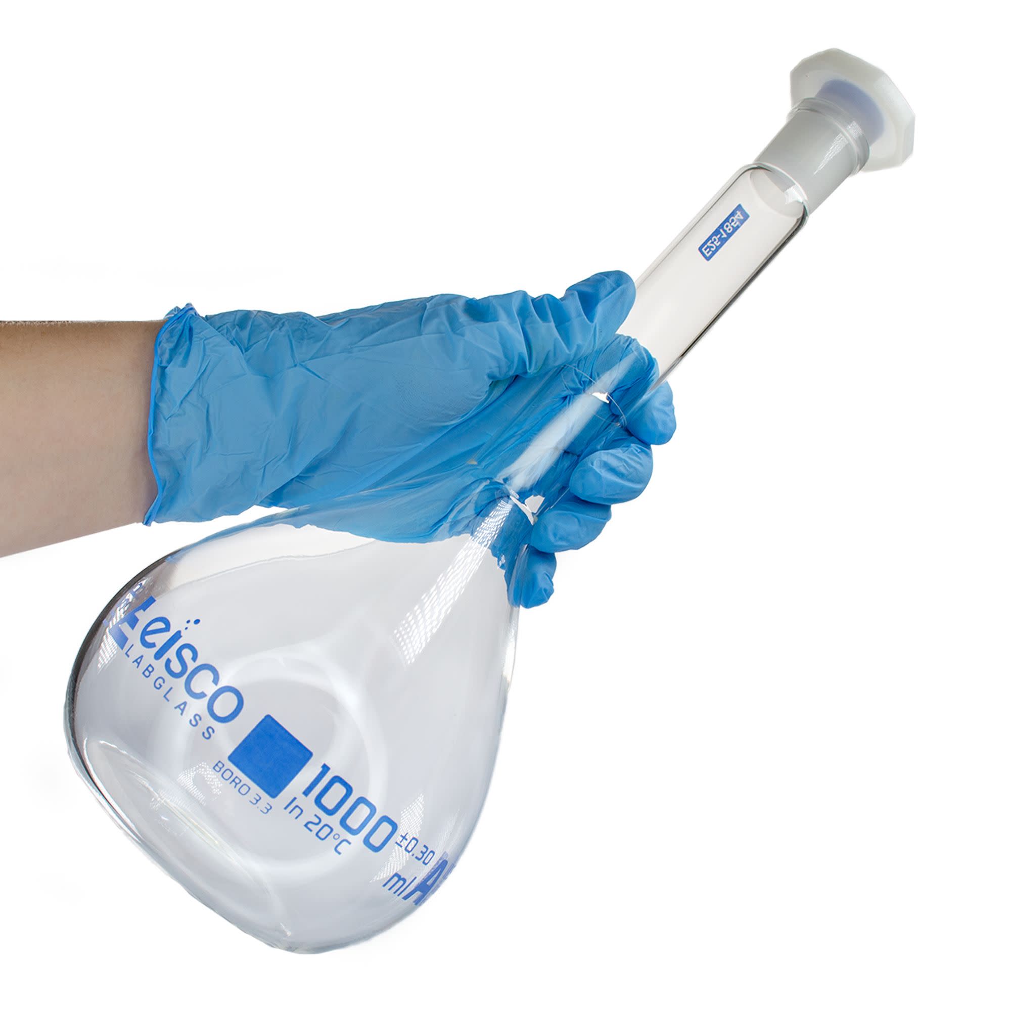 ASTM E288 Class A Volumetric Flask with Polypropylene Stopper, 1000mL, Single Graduation Mark, Borosilicate 3.3 Glass