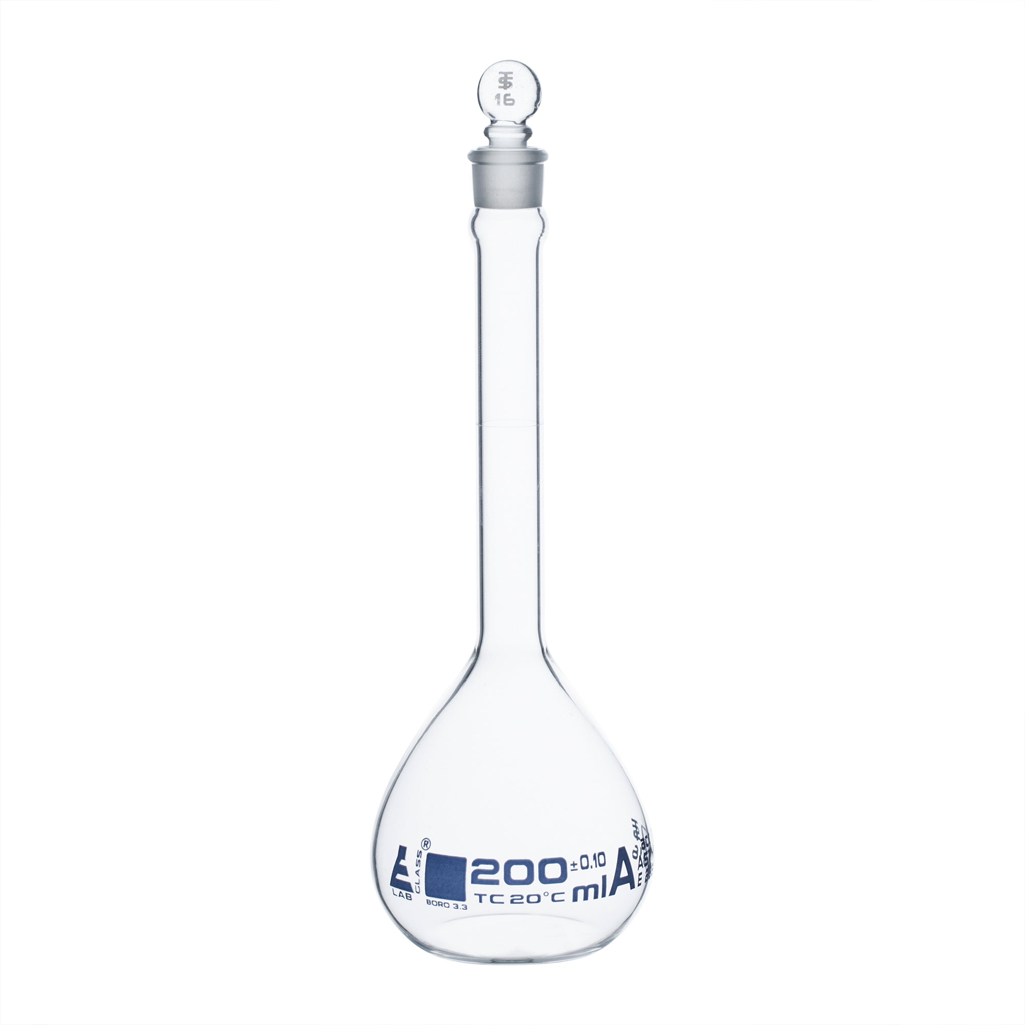 ASTM Class A Volumetric Flask with Glass Stopper, 200mL, White Graduations and Blue Specifications, Borosilicate Glass