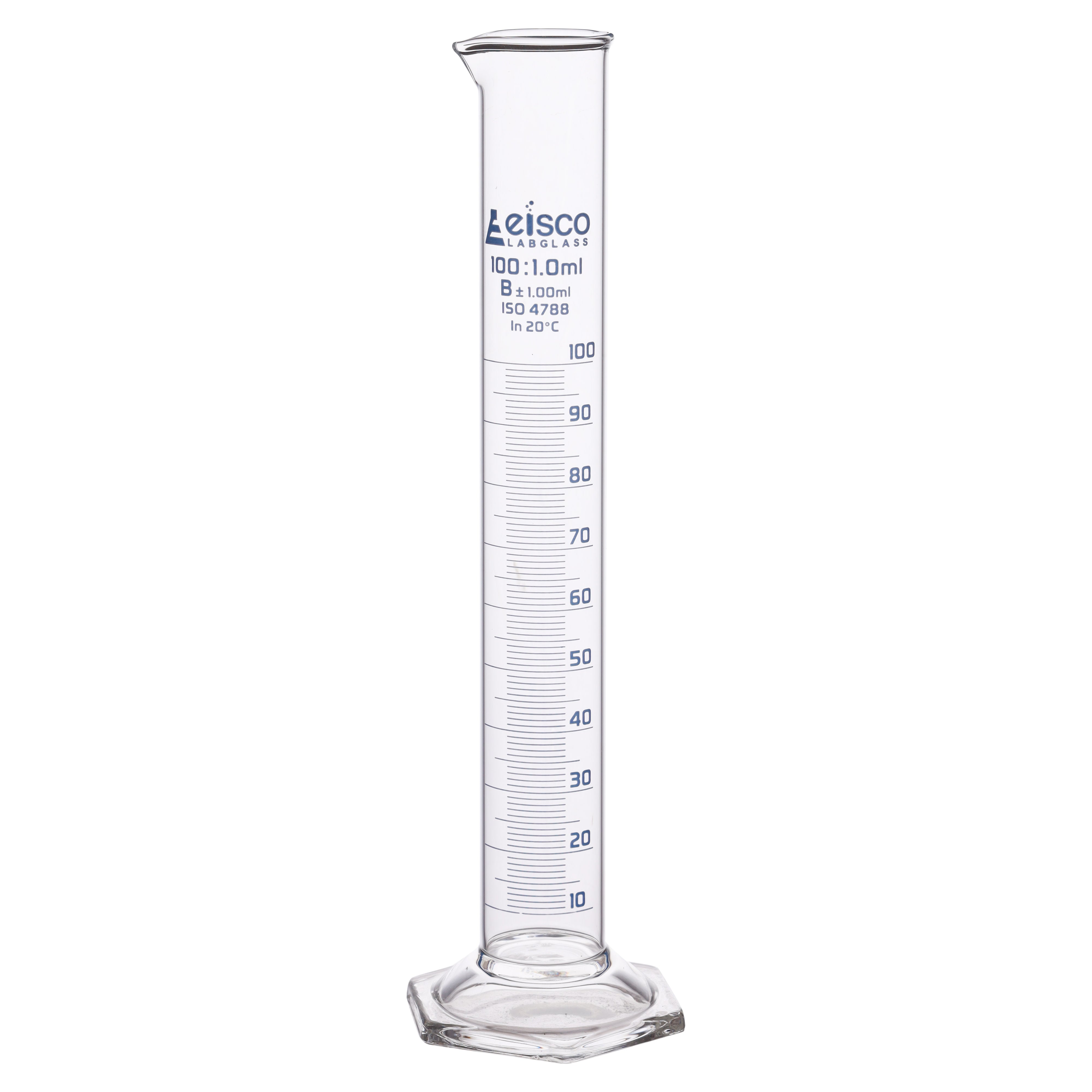 Class B Borosilicate Glass Graduated Cylinder with Hexagonal Base, Blue Graduations