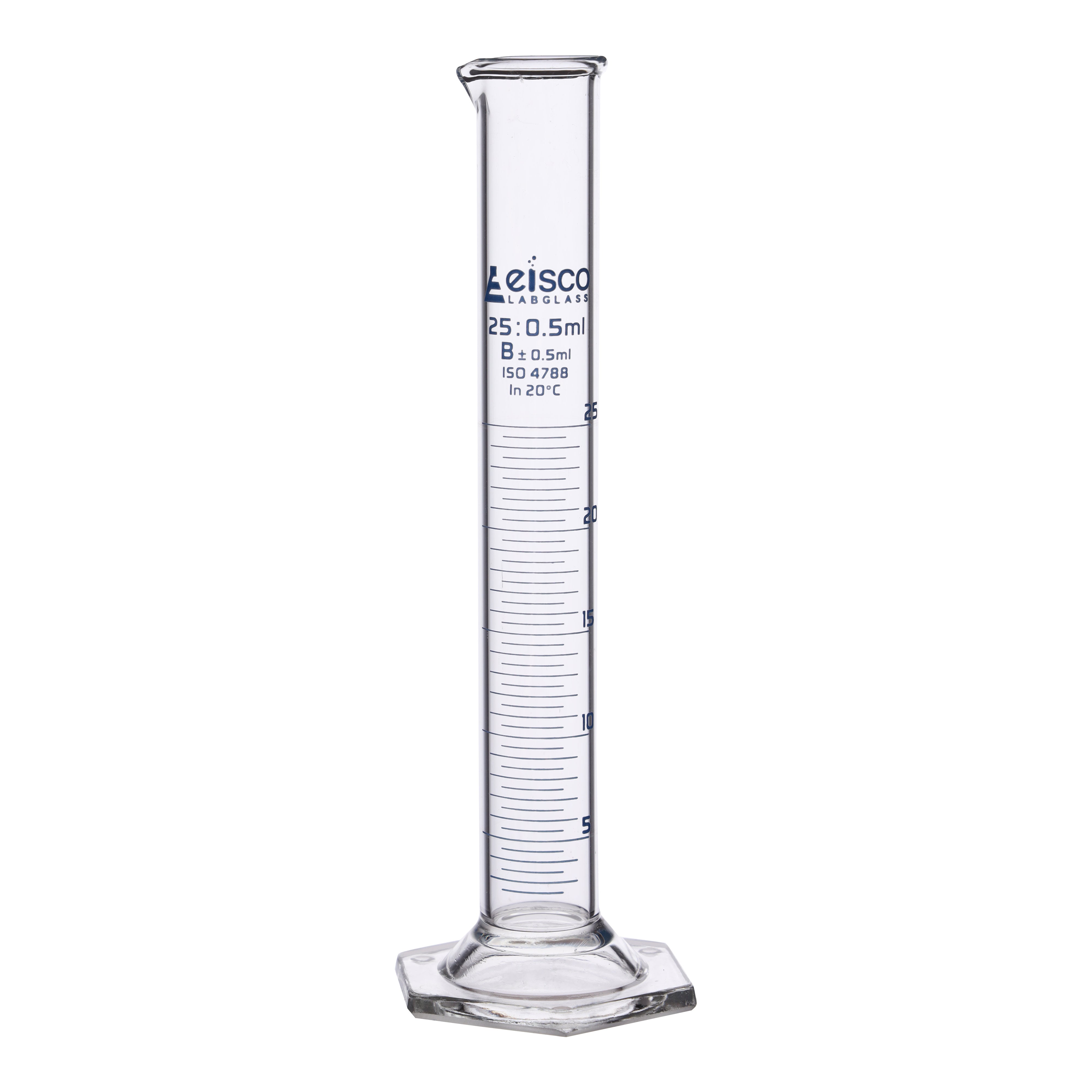 Class B Borosilicate Glass Graduated Cylinder with Hexagonal Base, Blue Graduations