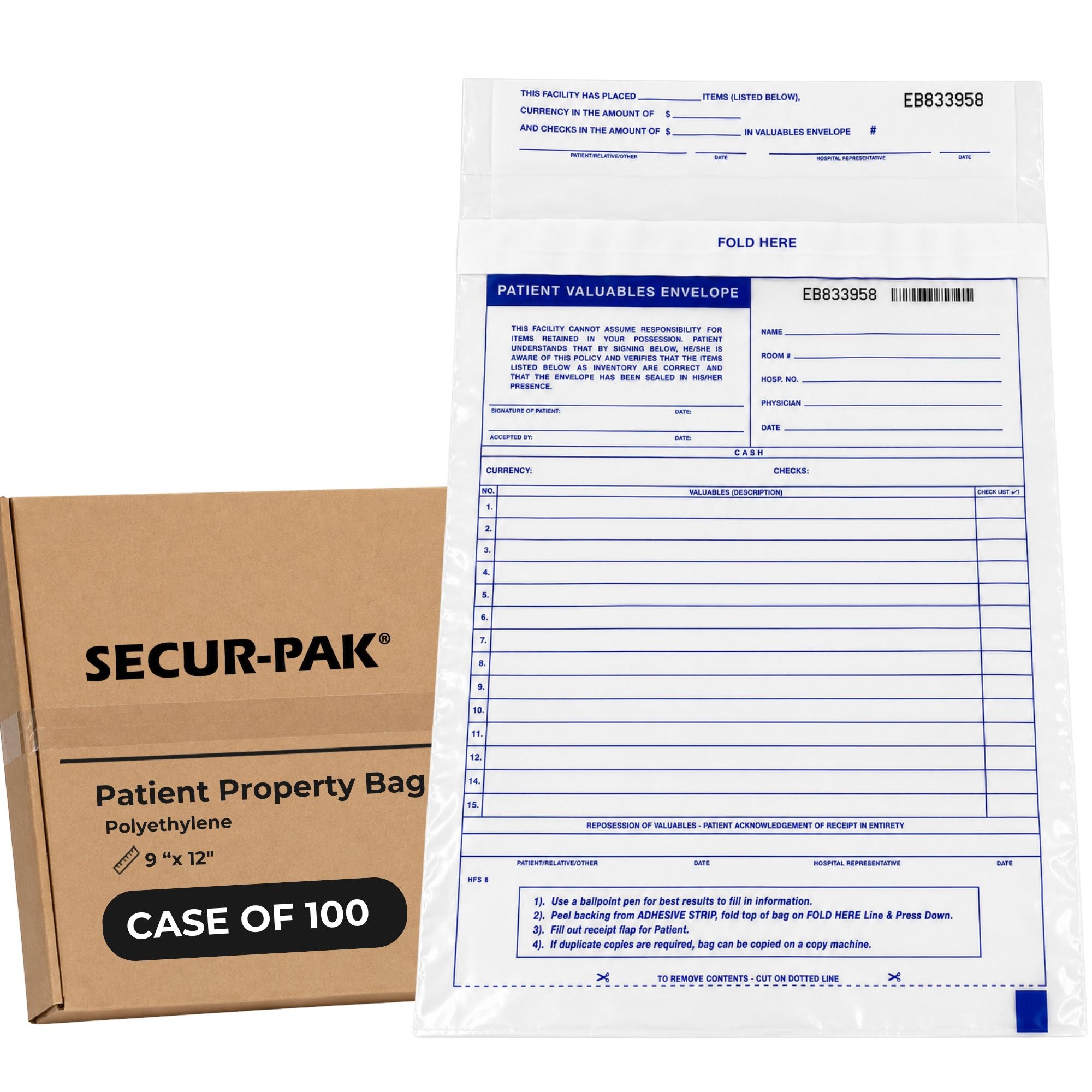 Polyethylene Patient Property Bag with Serialized Barcode, 9 x 12, 100-Pack