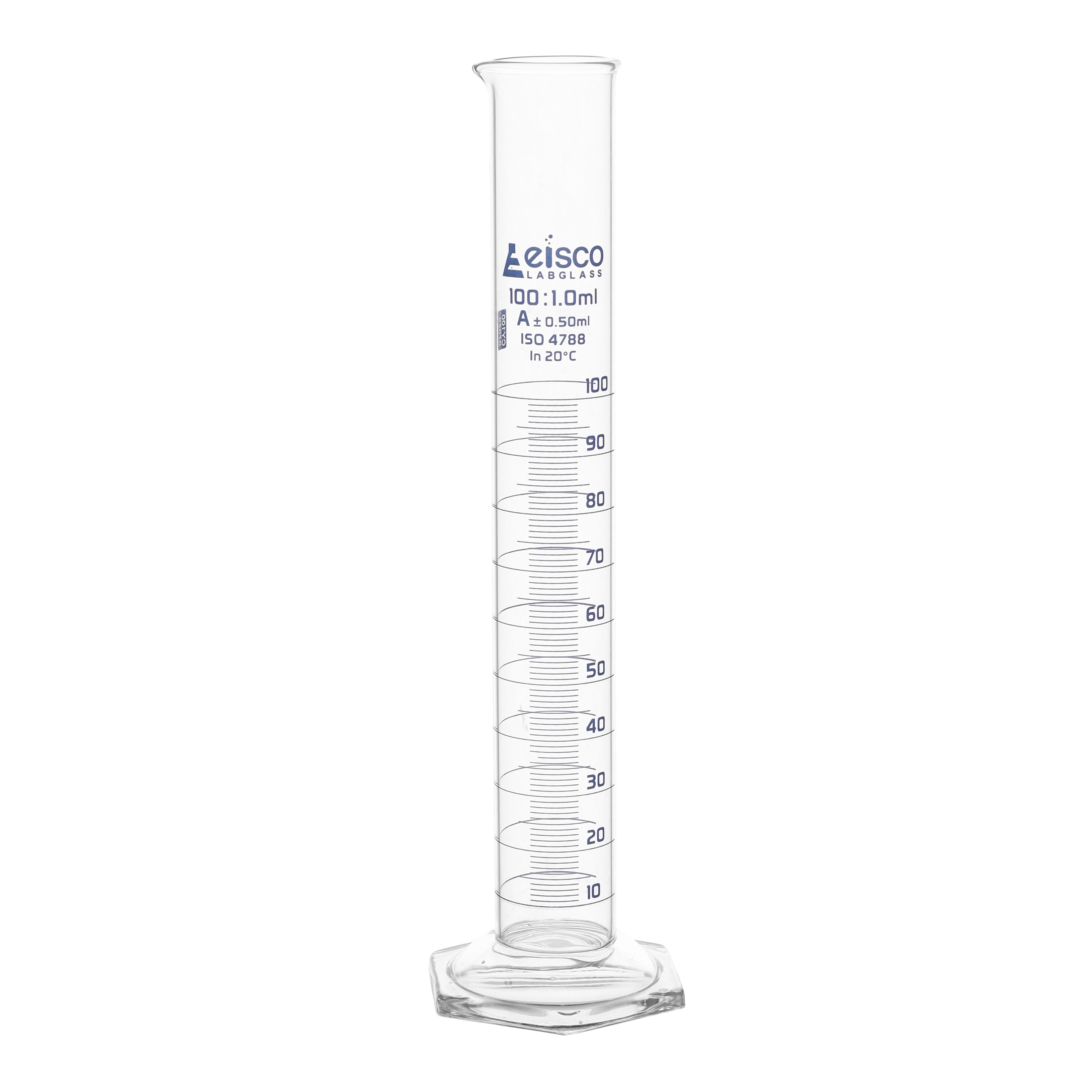 Class A Borosilicate Glass Graduated Cylinder with Hexagonal Base, Blue Graduations