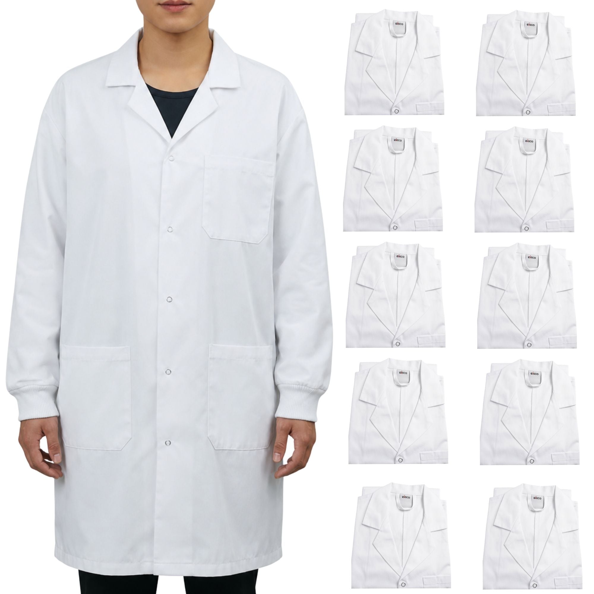 Poly-Cotton Blend Lab Coat with Ribbed Cuff, 10-Pack