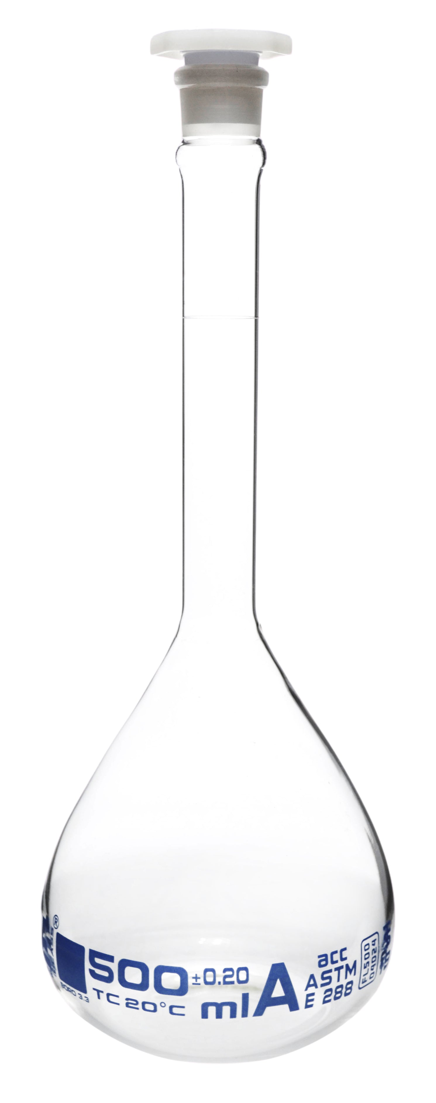 Class A Borosilicate Glass Volumetric Flask with Polypropylene Stopper, White Graduations