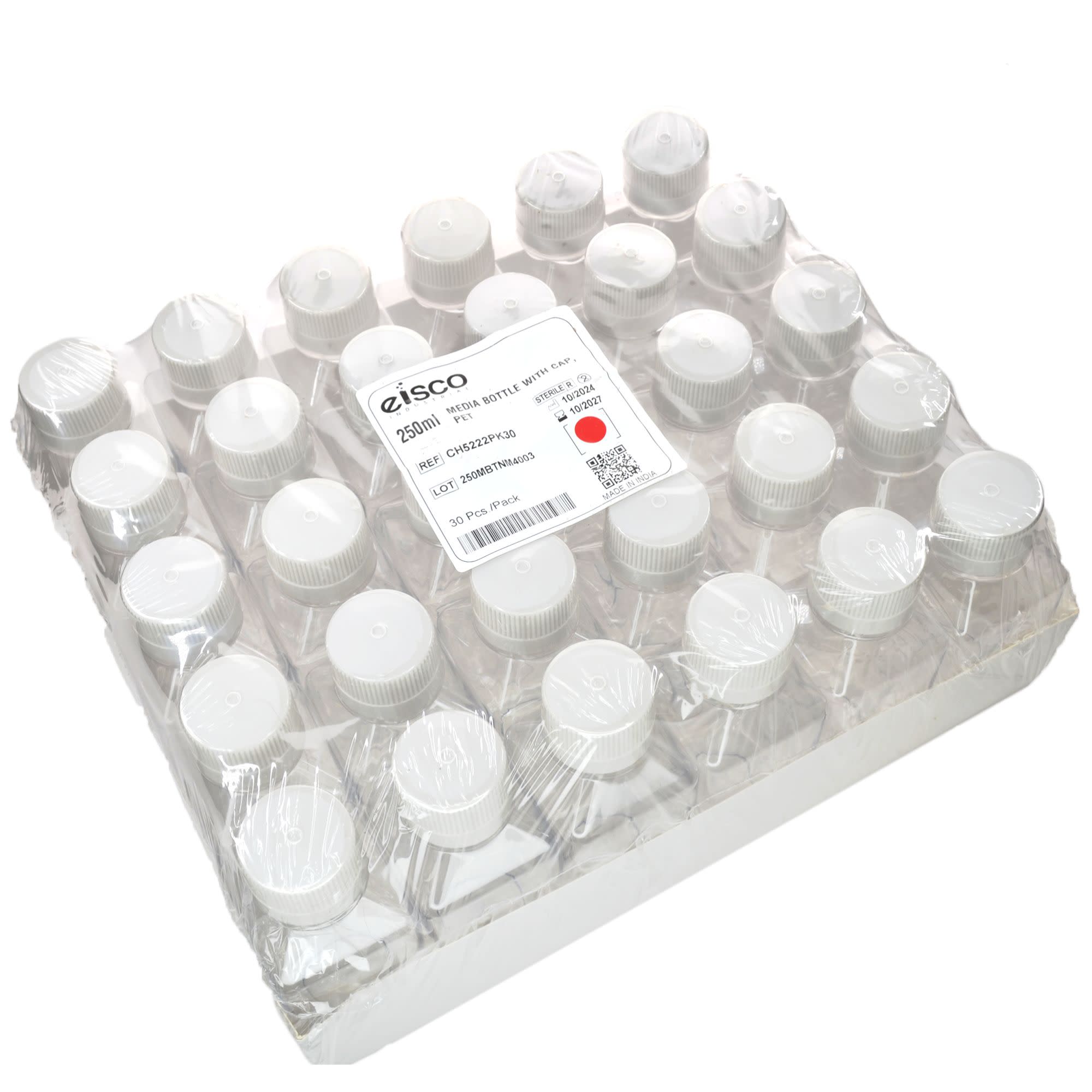 30-Pack Sterile PET Media Bottles with HDPE Caps, 250mL