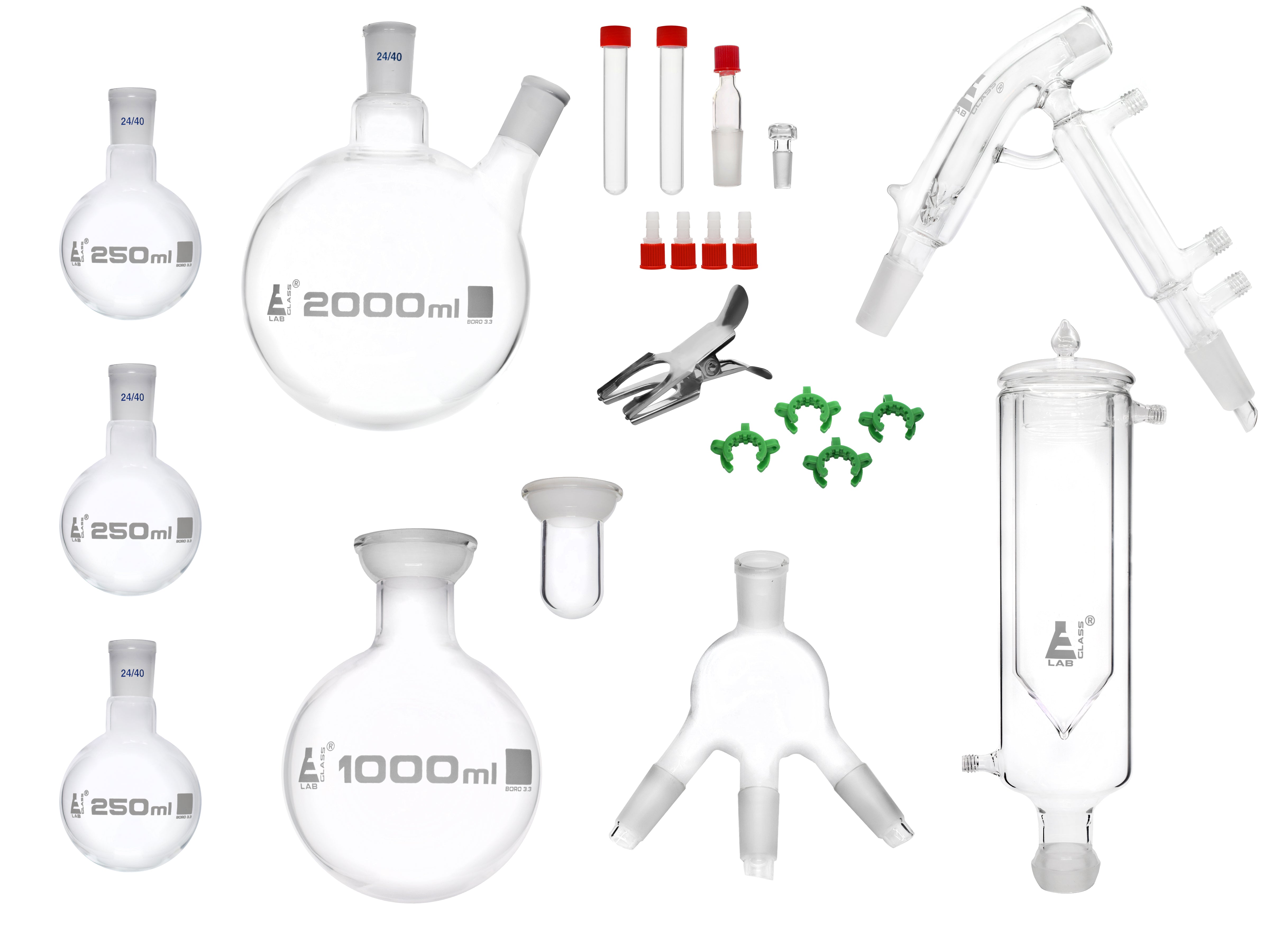 ASTM Type I Class A 21-Piece Short Path Distillation Glassware Set, Borosilicate 3.3 Glass