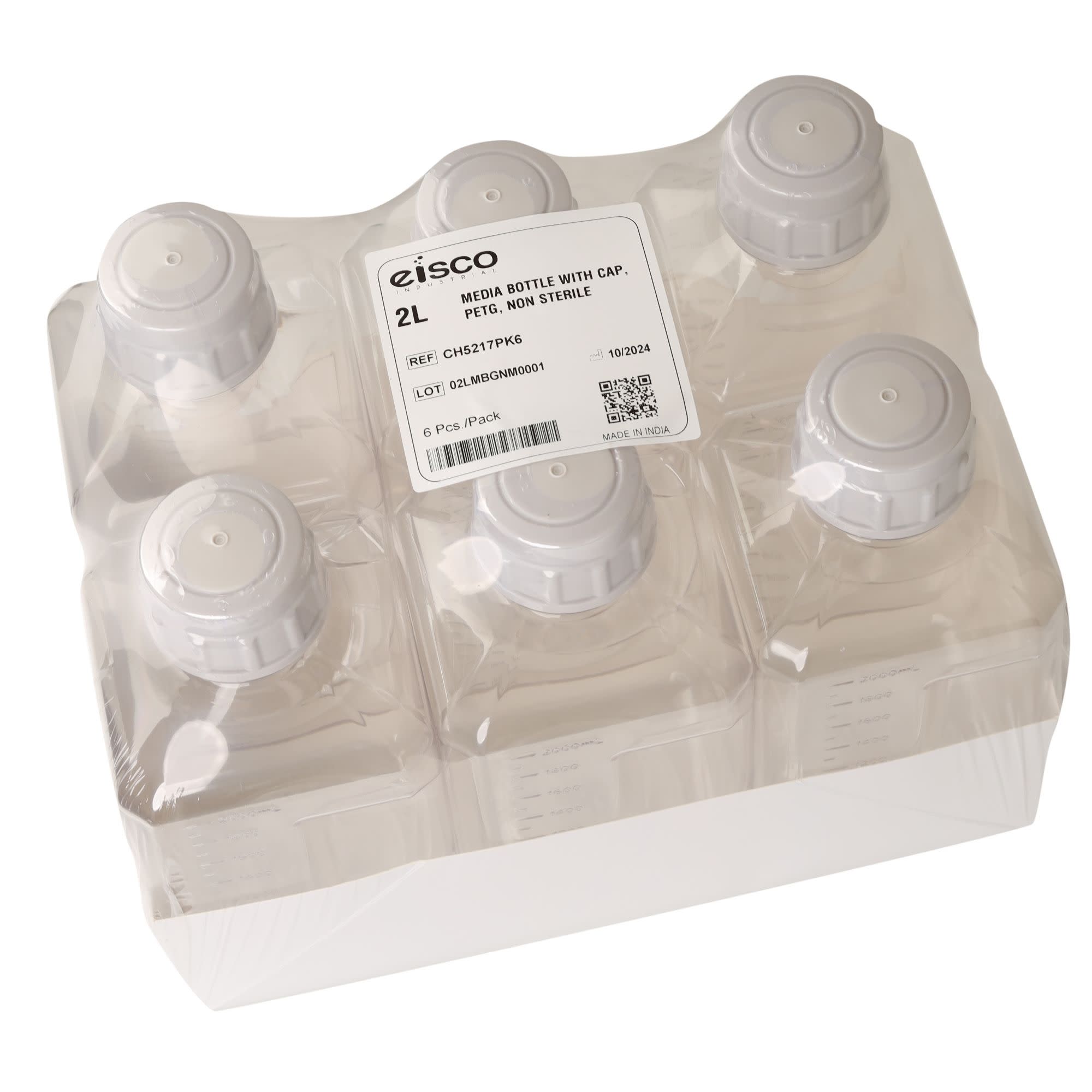6-Pack Non-Sterile Square PETG Media Bottles with HDPE Caps, 2L