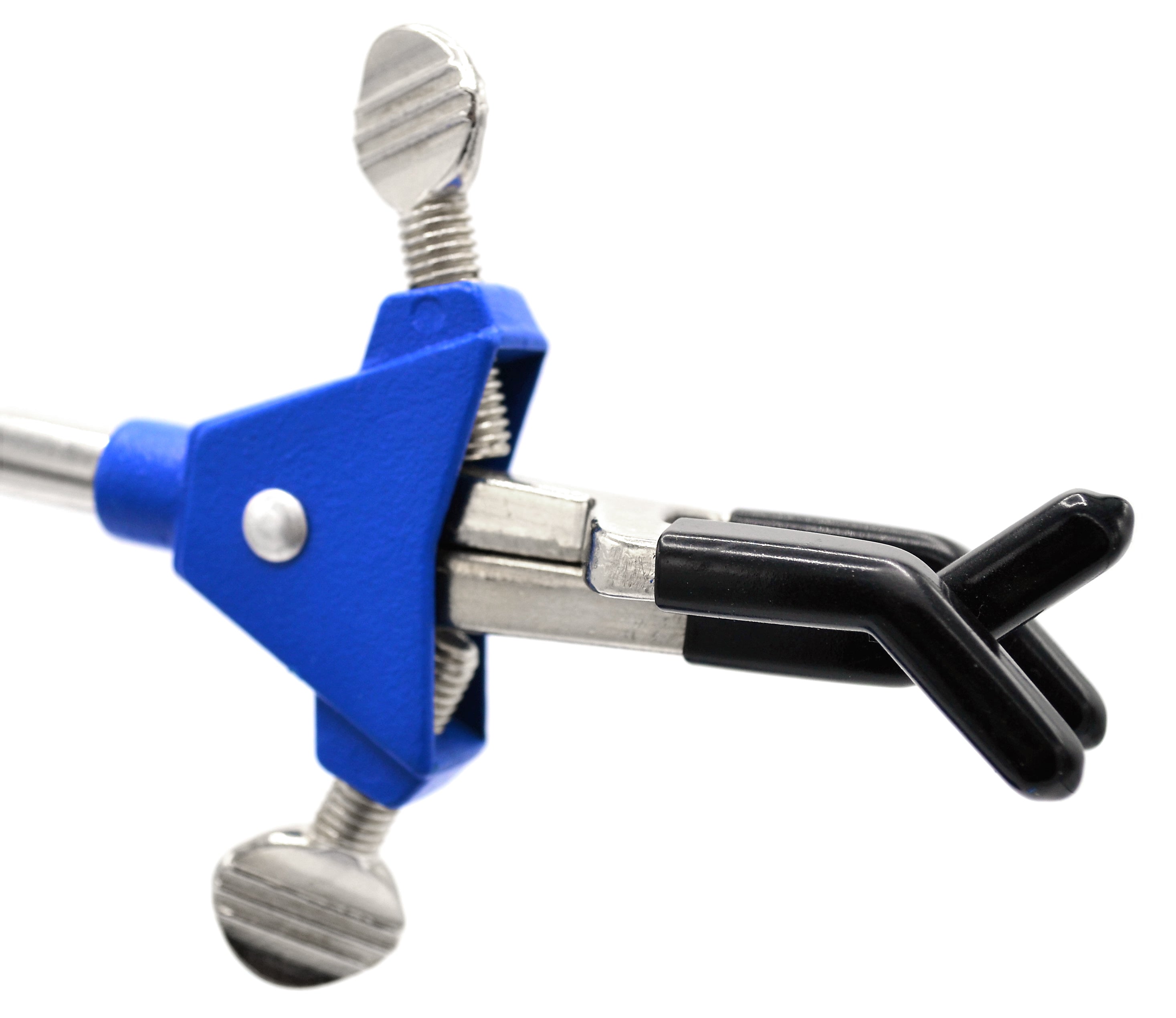 3-Finger Vinyl-Coated Dual-Adjustable Extension Clamp on Stainless Steel Rod, 2.3" Max