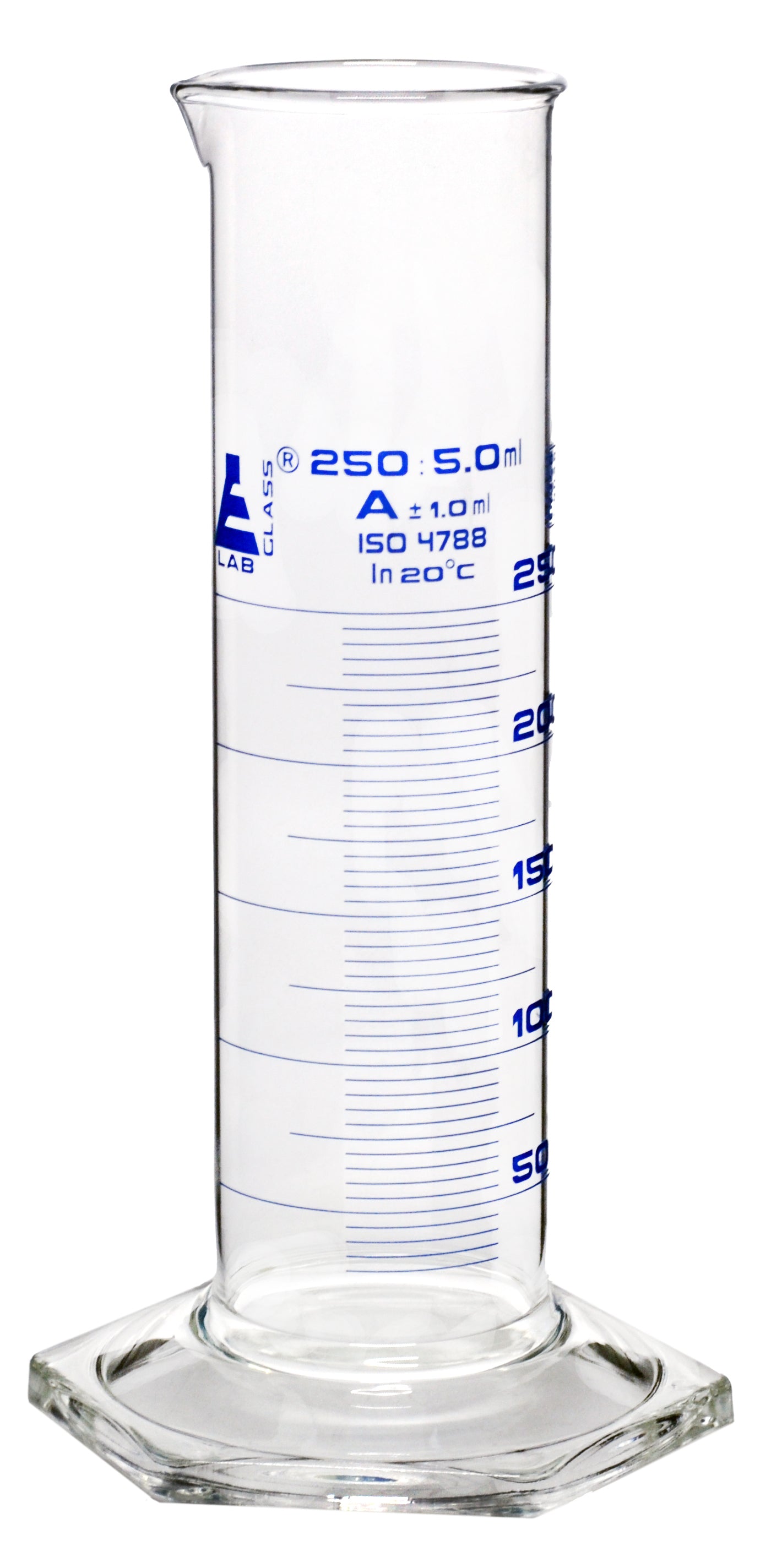 Class A Squat Form Borosilicate Glass Graduated Cylinder with Blue Graduations