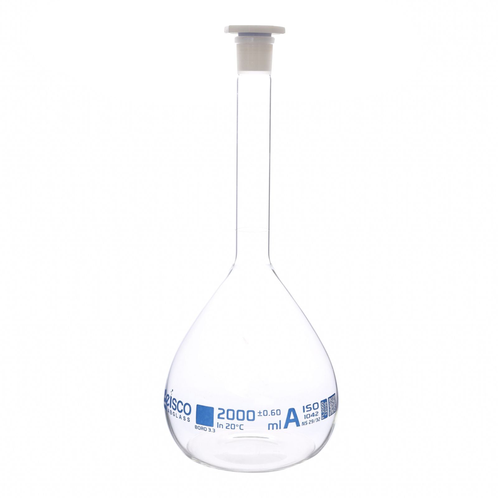 Class A Borosilicate Glass Volumetric Flask with Polyethylene Stopper, QR Certificate