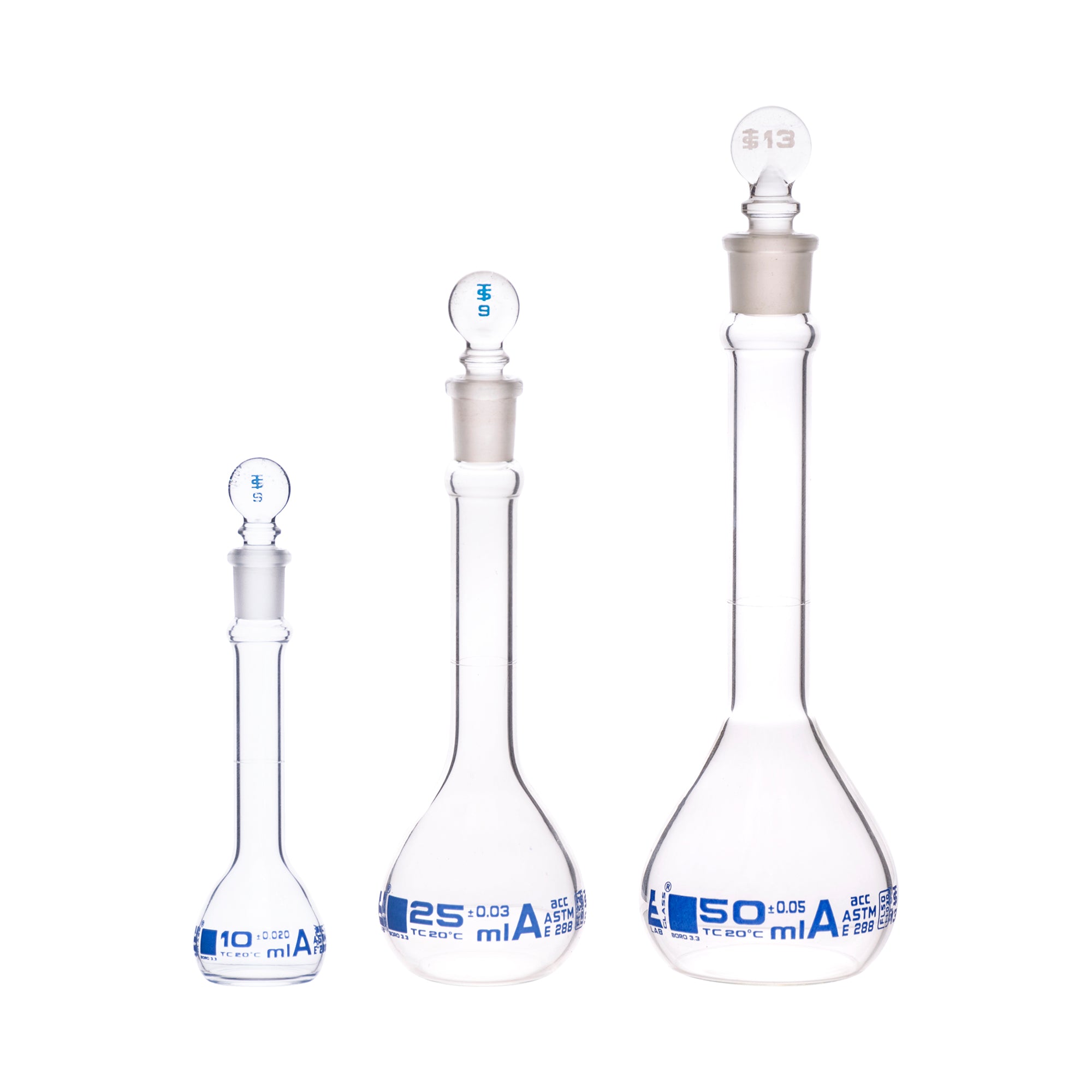 Class A Borosilicate Glass Volumetric Flask Set, 3-Piece, 10-50mL