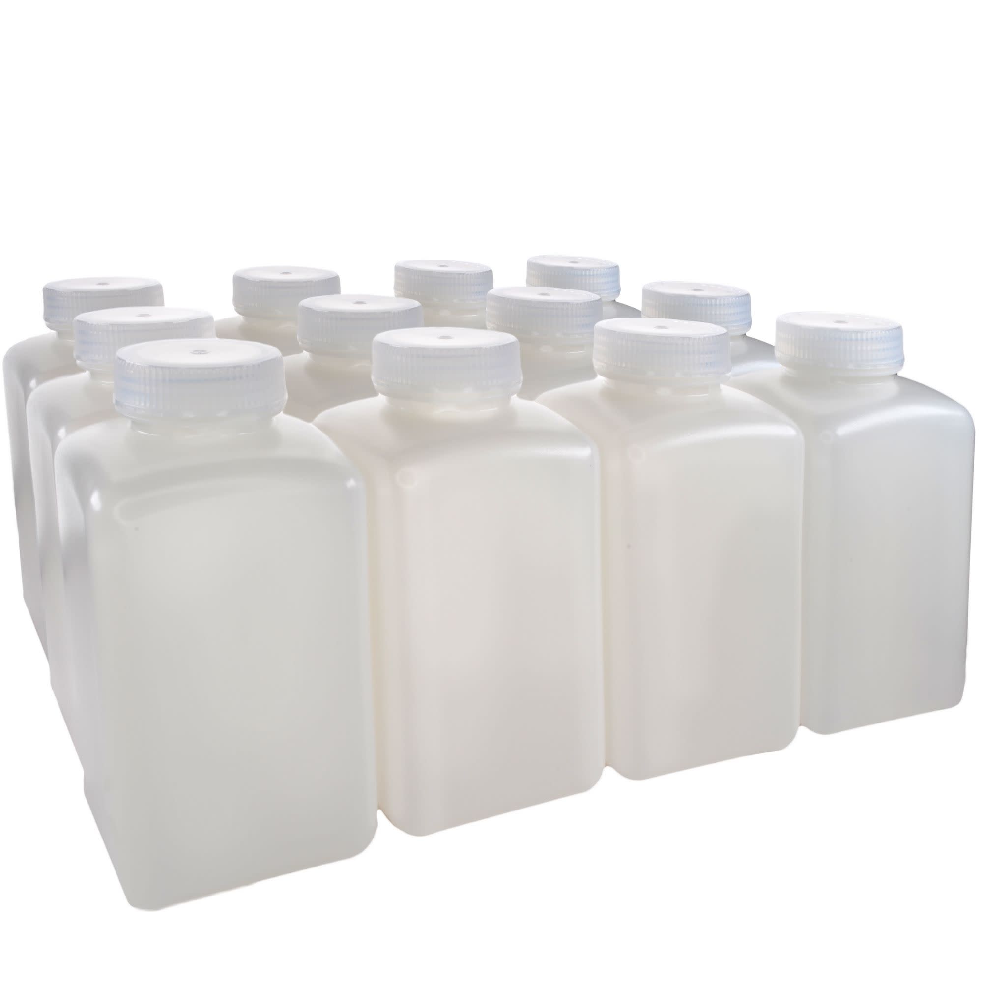 12-Pack Translucent Wide Mouth Square HDPE Reagent Bottles with PP Caps, 1L, -100 to 120°C