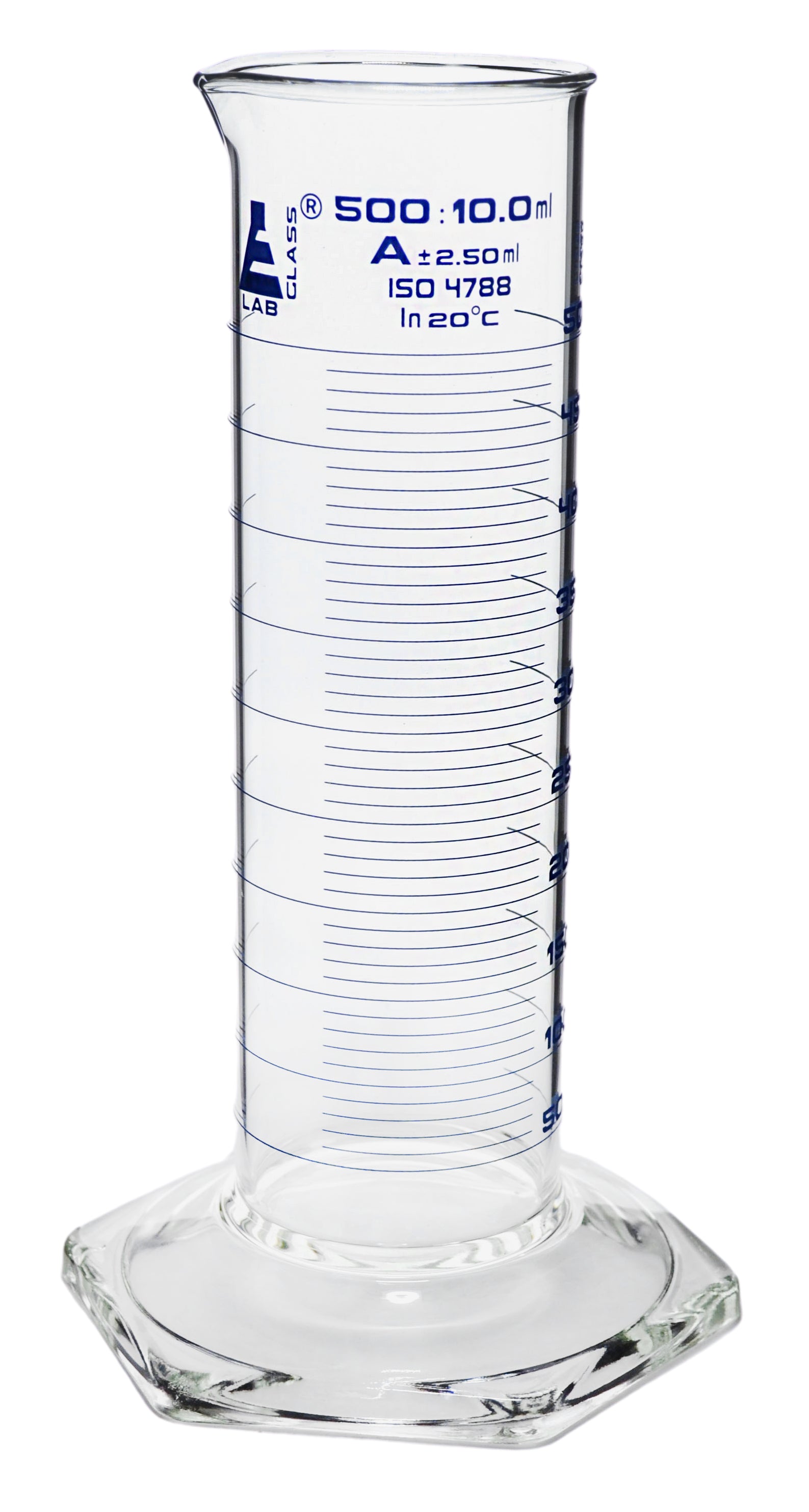 Class A Squat Form Borosilicate Glass Graduated Cylinder with Blue Graduations