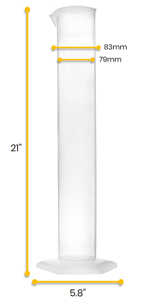 Polypropylene Graduated Cylinder with Hexagonal Base, 2000mL, Class B