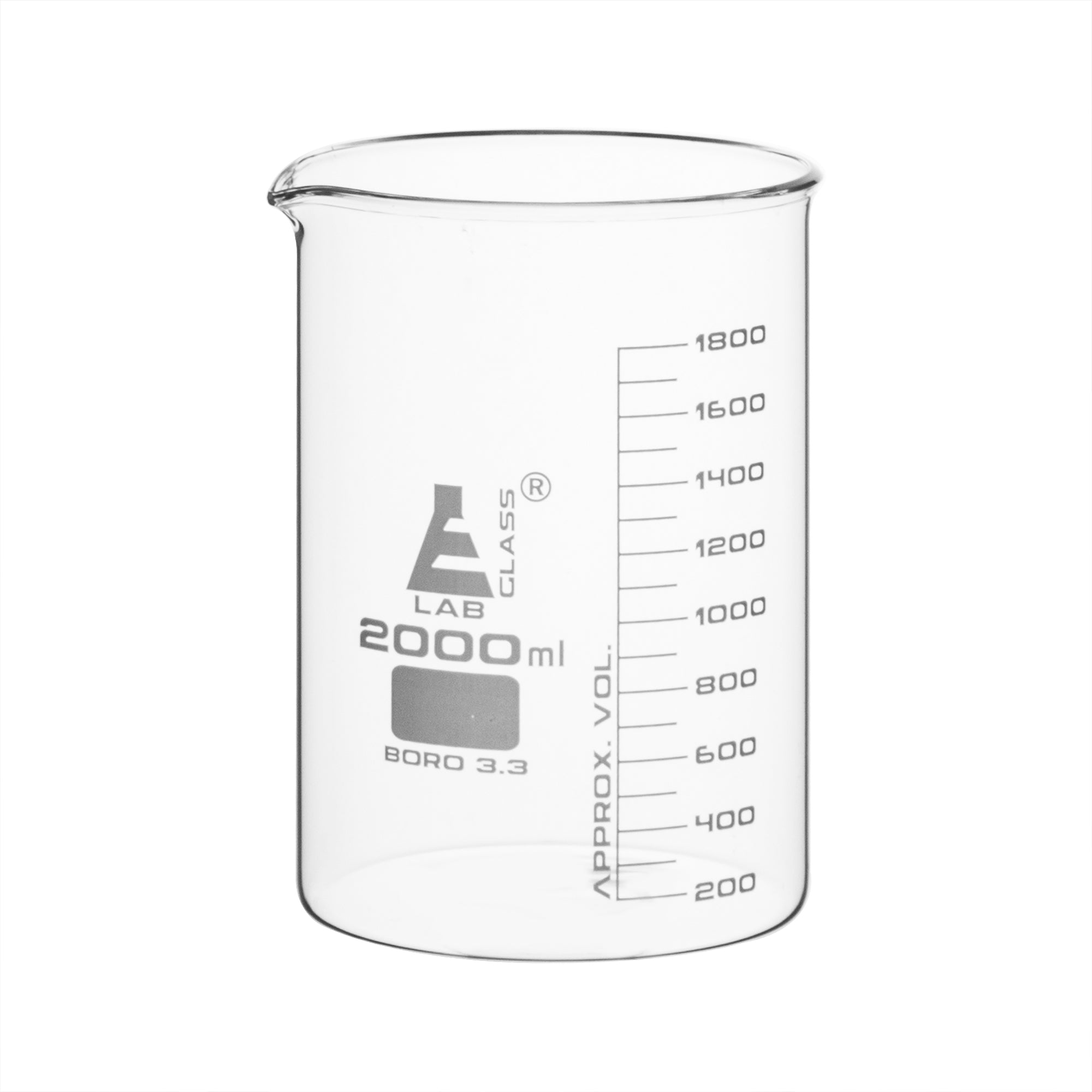Low Form Borosilicate Glass Beaker with Spout, 2000mL, 4-Pack
