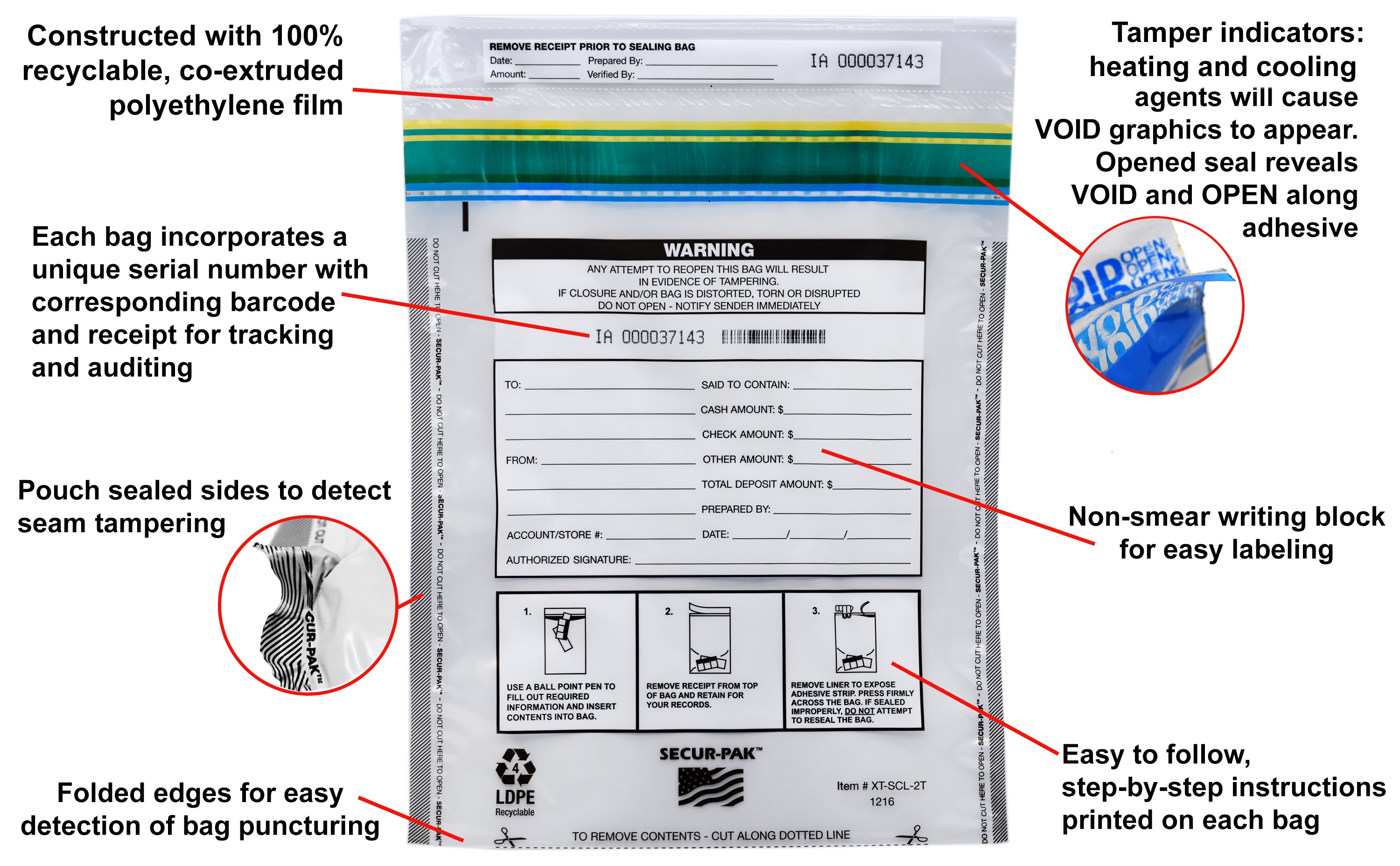 Premium Tamper-Evident Self-Sealing Security Bags, 12 x 16", 2000 Bill Capacity, 100-Pack
