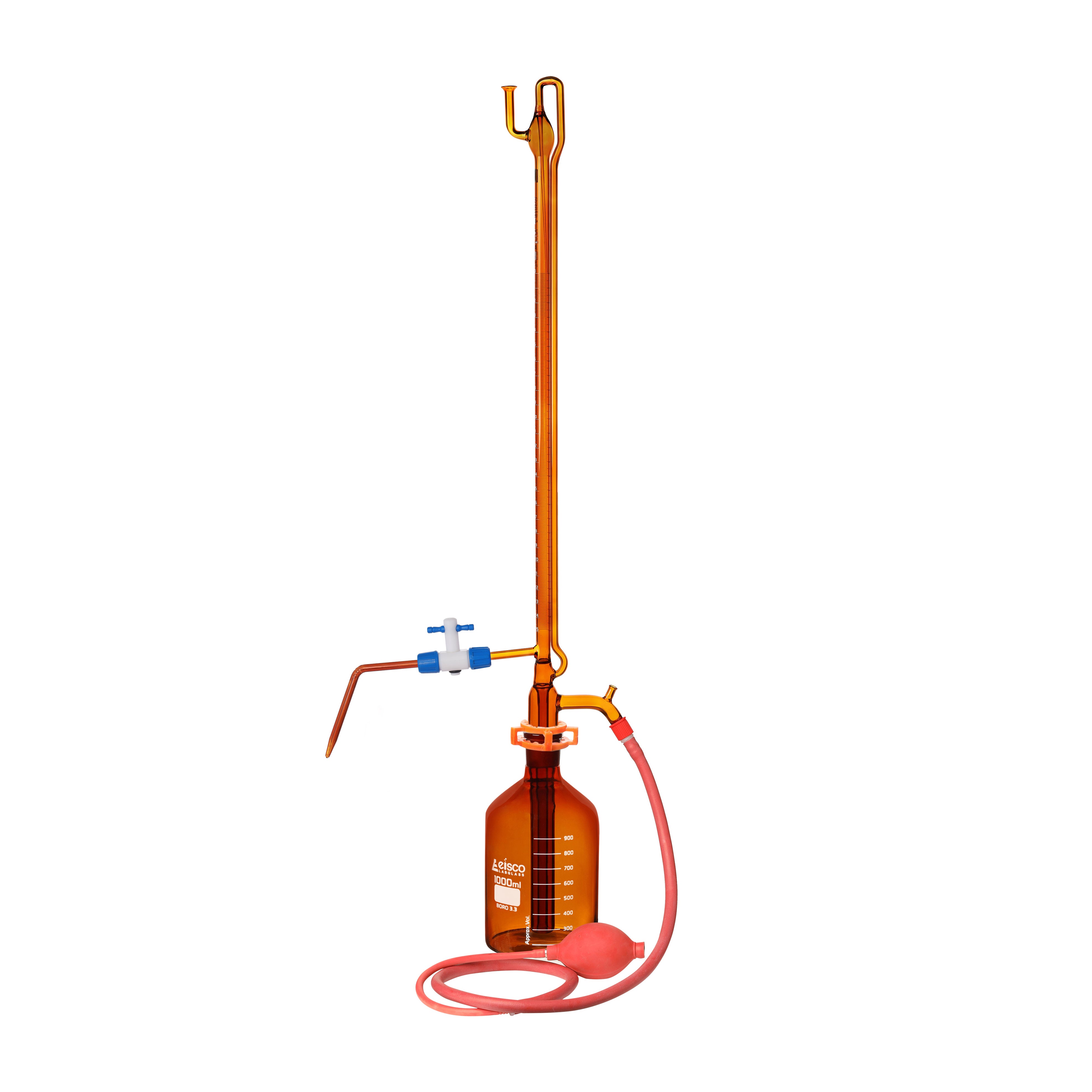 Amber Class A Automatic Zero Schellbach Burette with 1000mL Reservoir, 25mL, 29/32 Joint, Borosilicate Glass