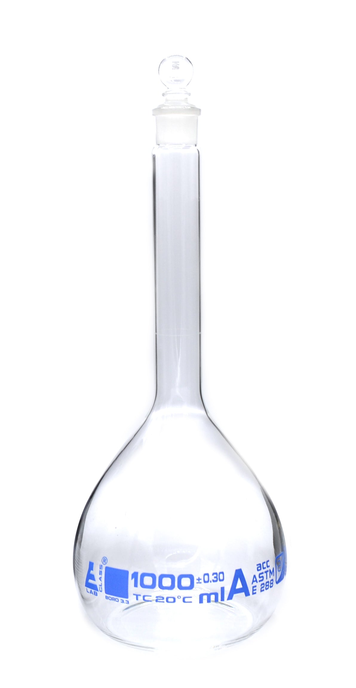 1000ml ASTM Volumetric Flask w/ Glass Stopper - Class A - Blue Graduation - Eisco Labs
