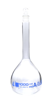 1000ml ASTM Volumetric Flask w/ Glass Stopper - Class A - Blue Graduation - Eisco Labs