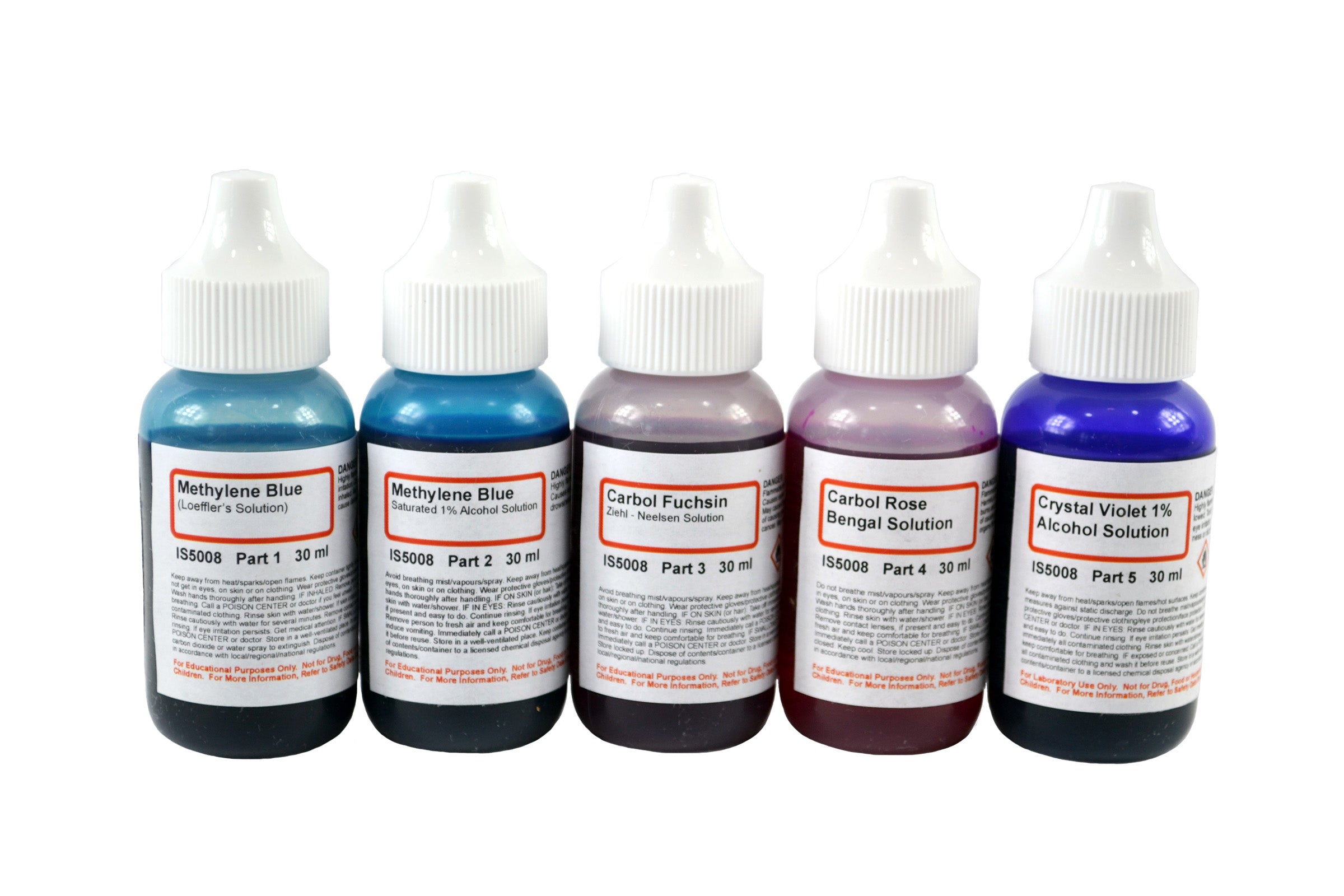 Bacteria Stain Set, 5 Stains in 30mL Dropper Bottles
