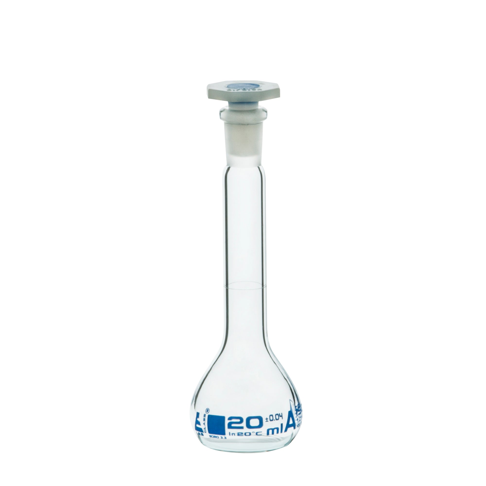 Class A Borosilicate Glass Volumetric Flask with Polyethylene Stopper, Blue Graduations