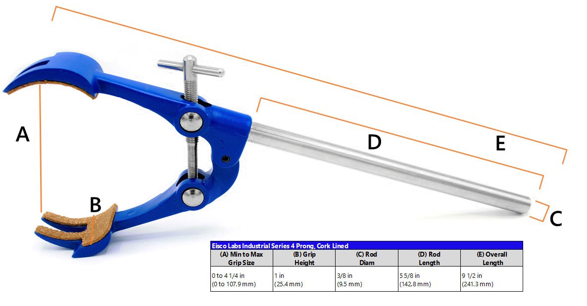 4-Prong Cork-Lined Clamp on Stainless Steel Rod, 4.1" Max