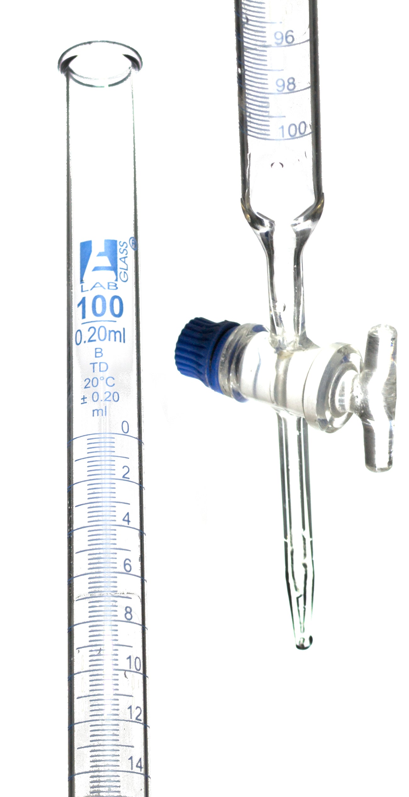 Class B Burette with Glass Key Stopcock, 100mL, 0.2mL Graduations, 30.5 inch, Borosilicate Glass