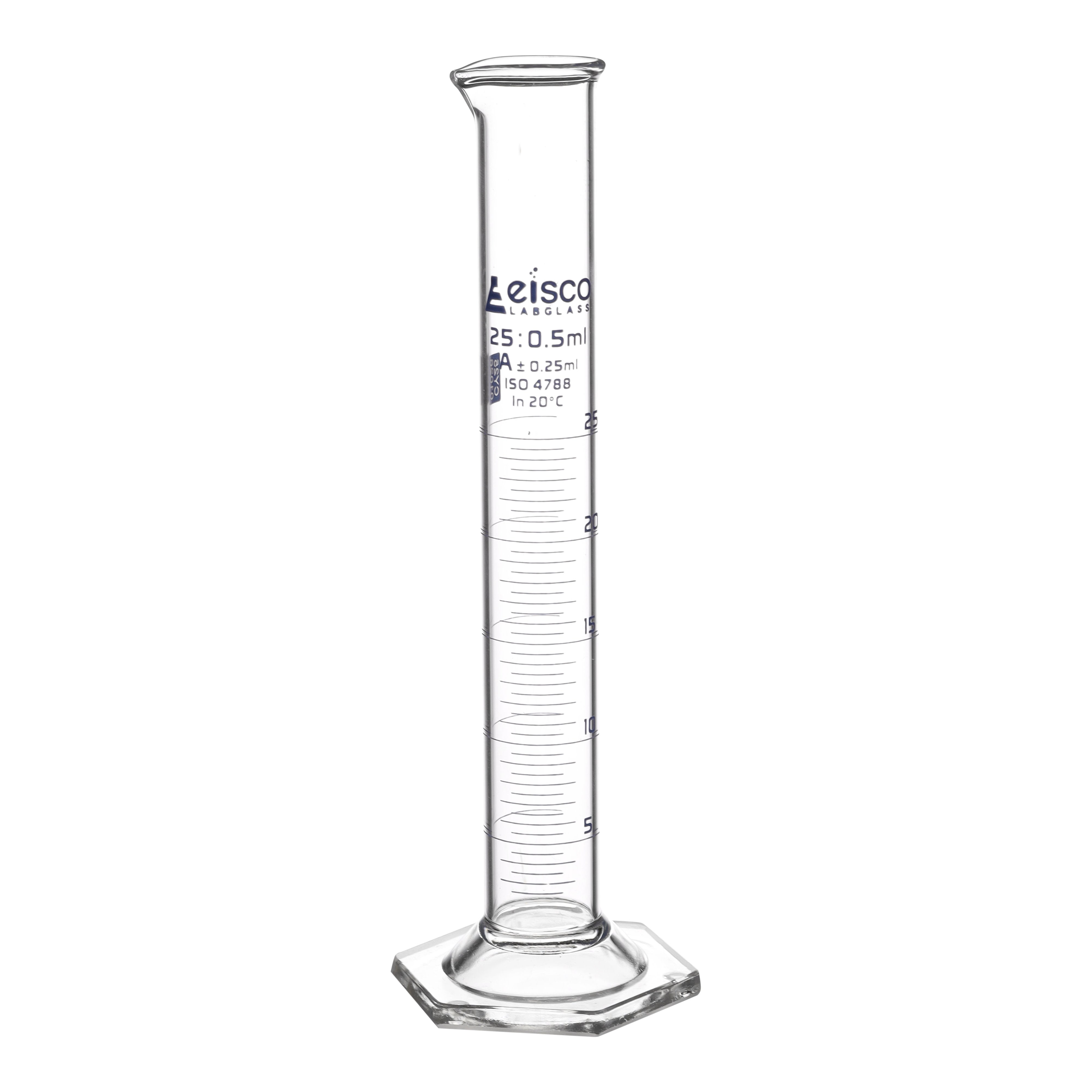 Class A Borosilicate Glass Graduated Cylinder with Hexagonal Base, Blue Graduations