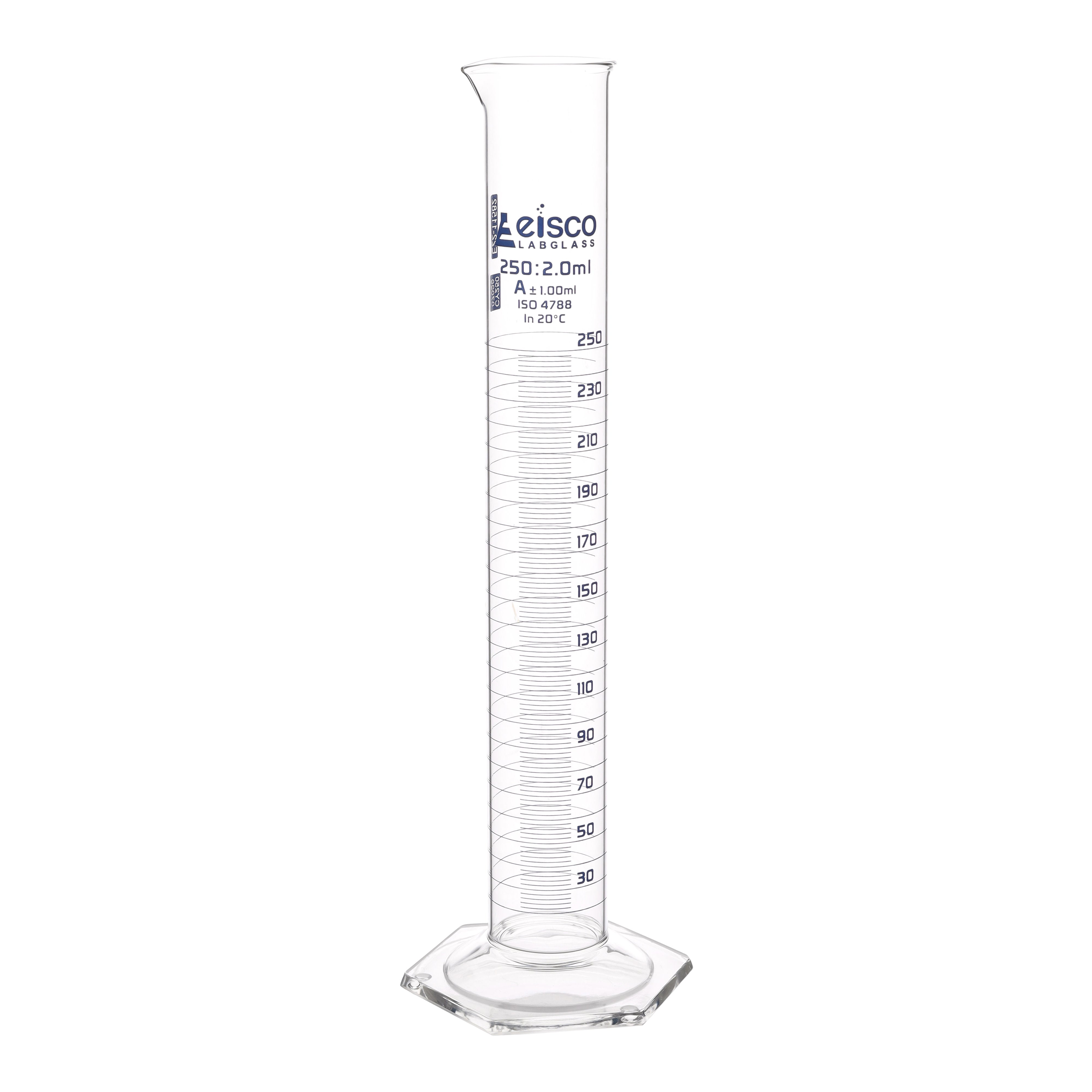 Class A Borosilicate Glass Graduated Cylinder with Hexagonal Base, Blue Graduations