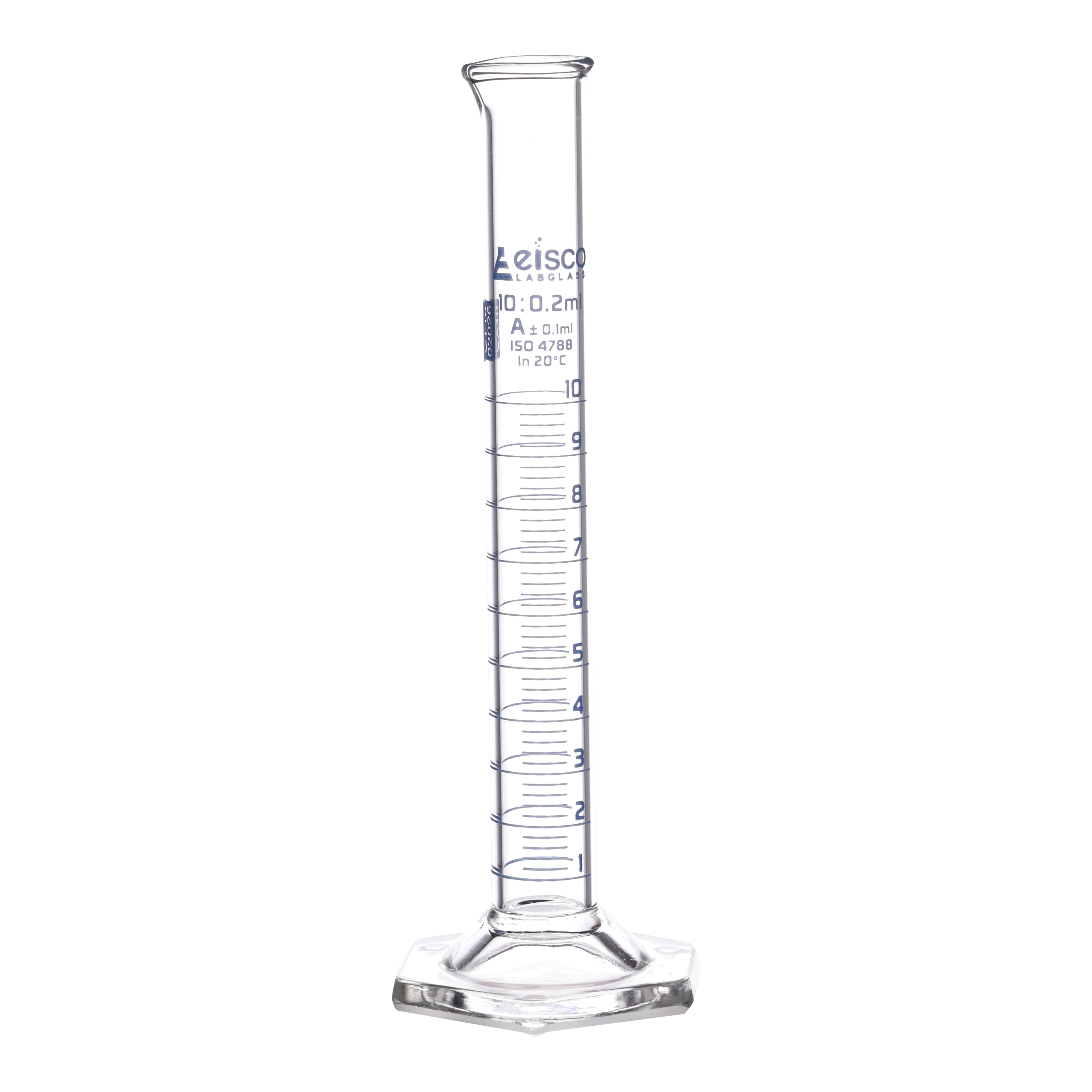 Class A Borosilicate Glass Graduated Cylinder with Hexagonal Base, Blue Graduations