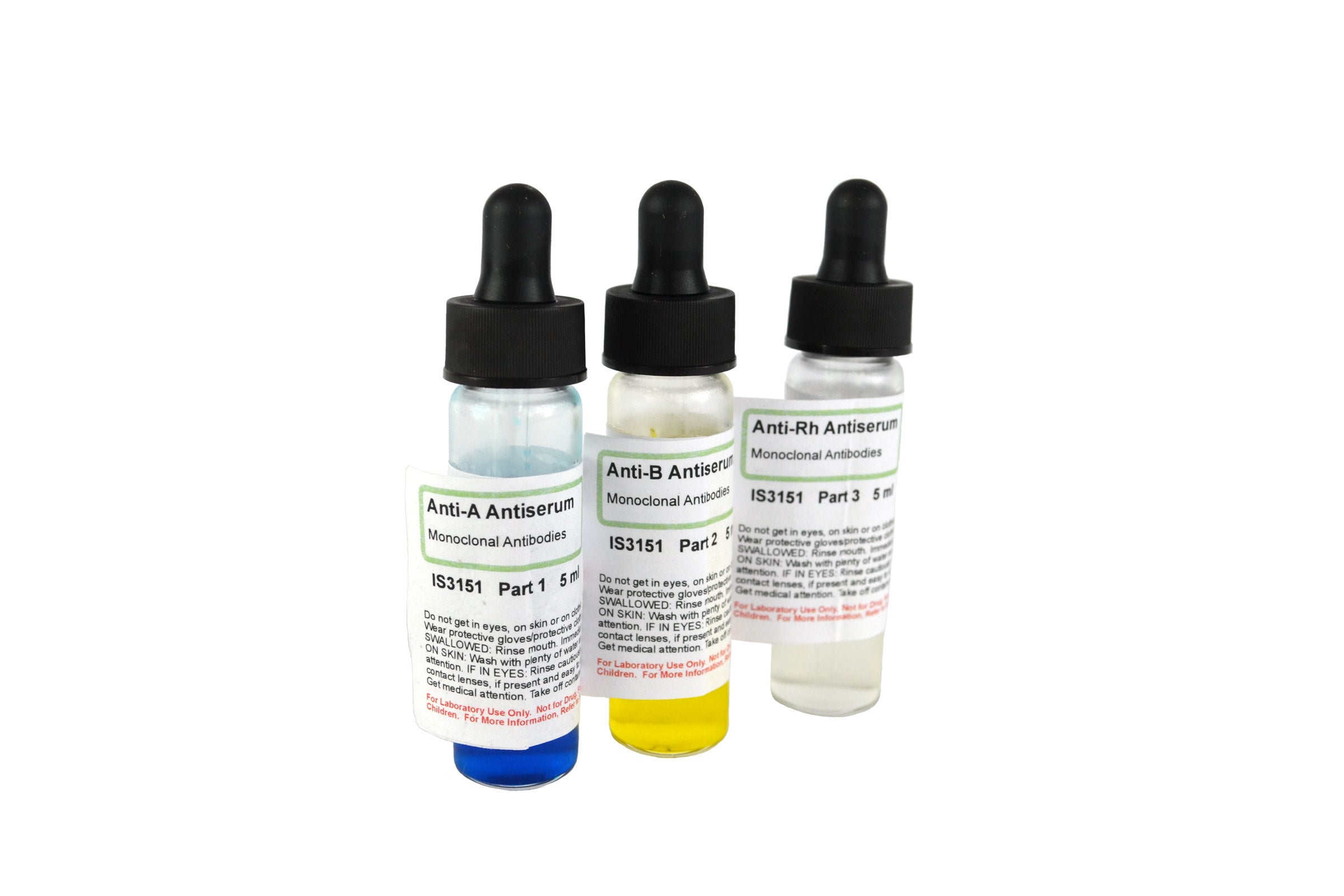 Anti-A, Anti-B, and Anti-Rh Blood Typing Antisera for Real Human Blood, 5mL Vials, 75-Student Set