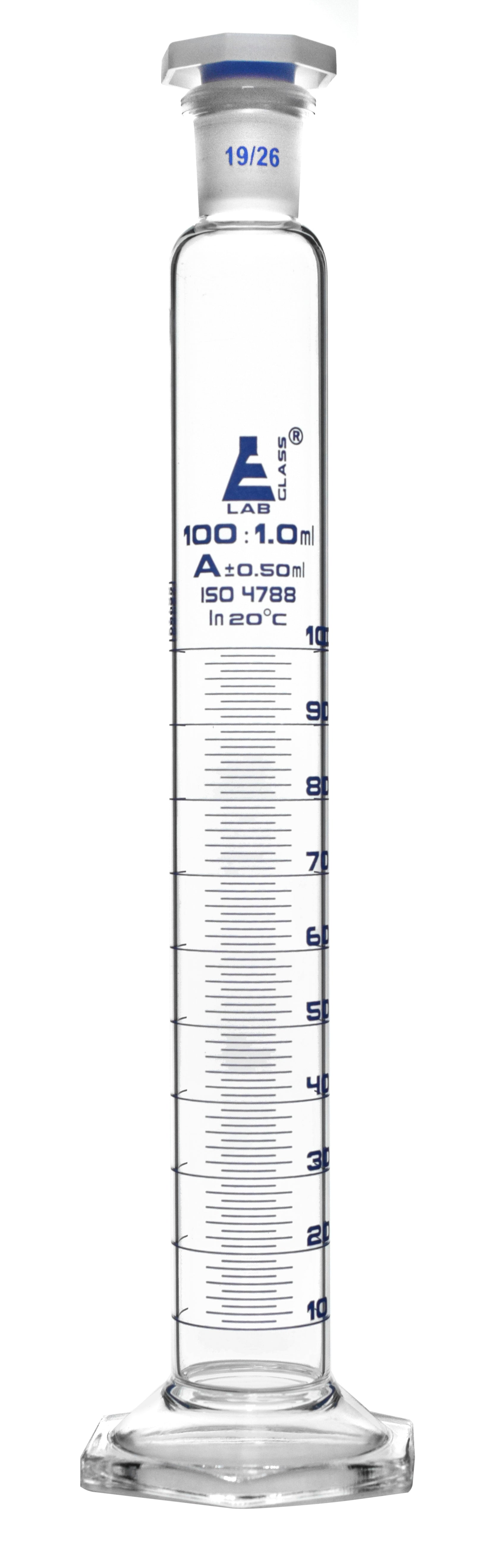 Class A Borosilicate Glass Graduated Cylinder with Polypropylene Stopper, 100mL