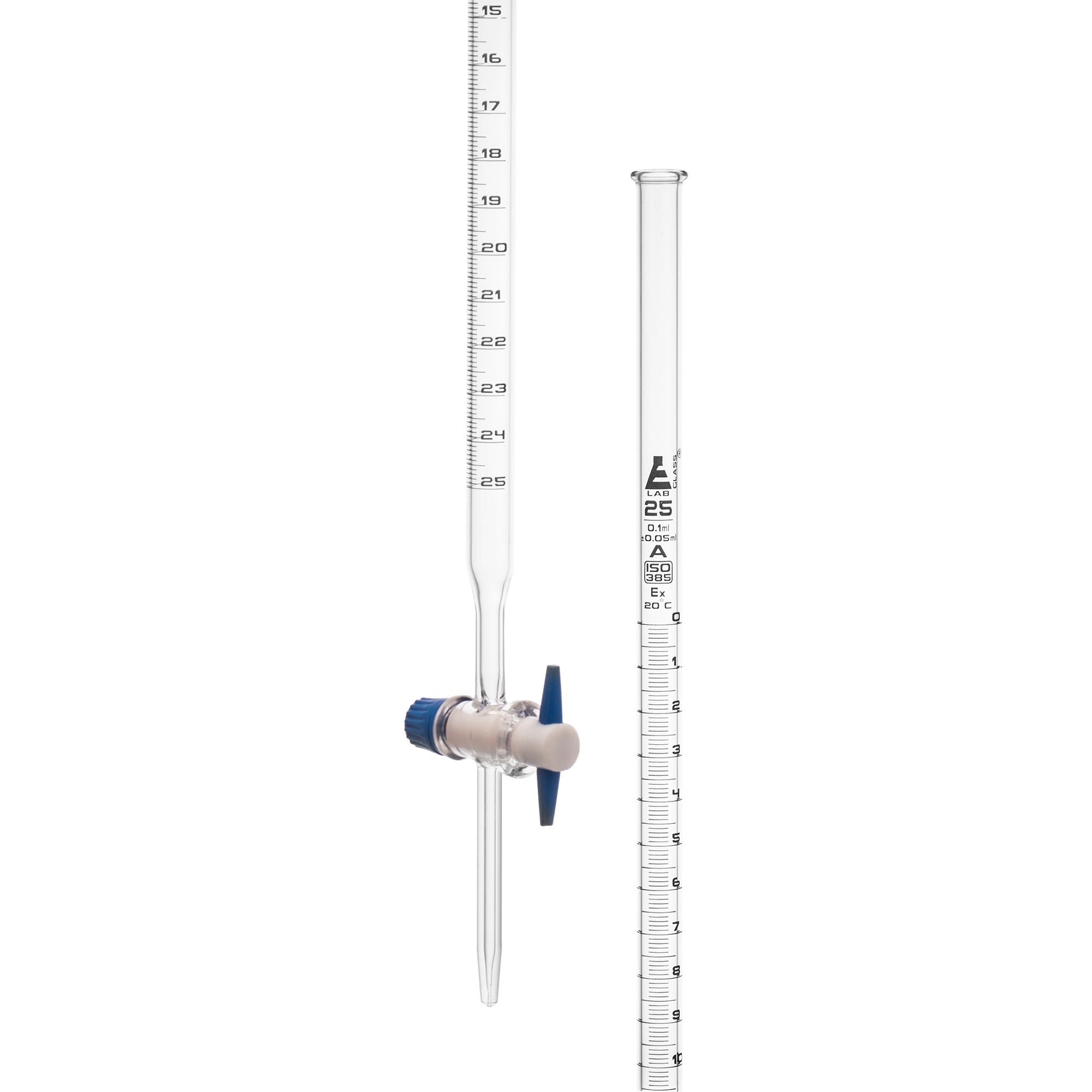 Class A Borosilicate Glass Burette with PTFE Stopcock, 25mL, White Graduations