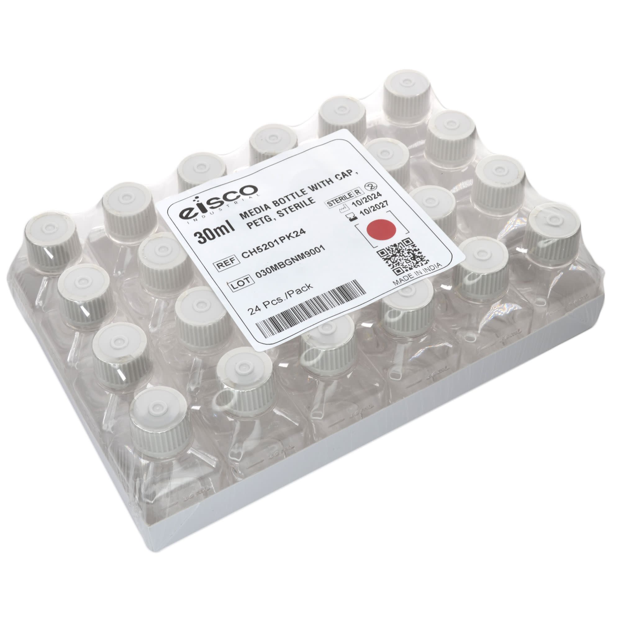 Square Sterile PETG Media Bottle with HDPE Cap, Leak-Proof, 24-Pack
