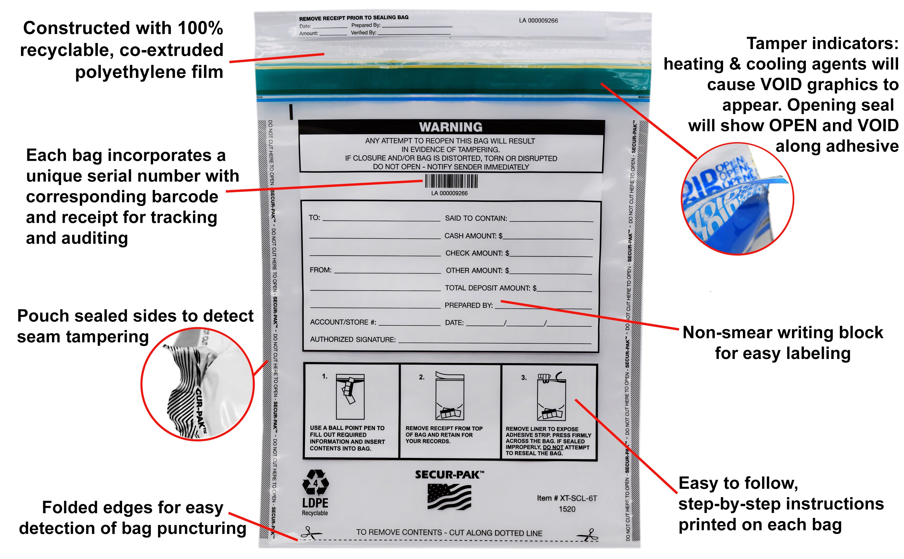 Level 4 Tamper-Evident Deposit Bag, 15"x20" Clear, 100-Pack