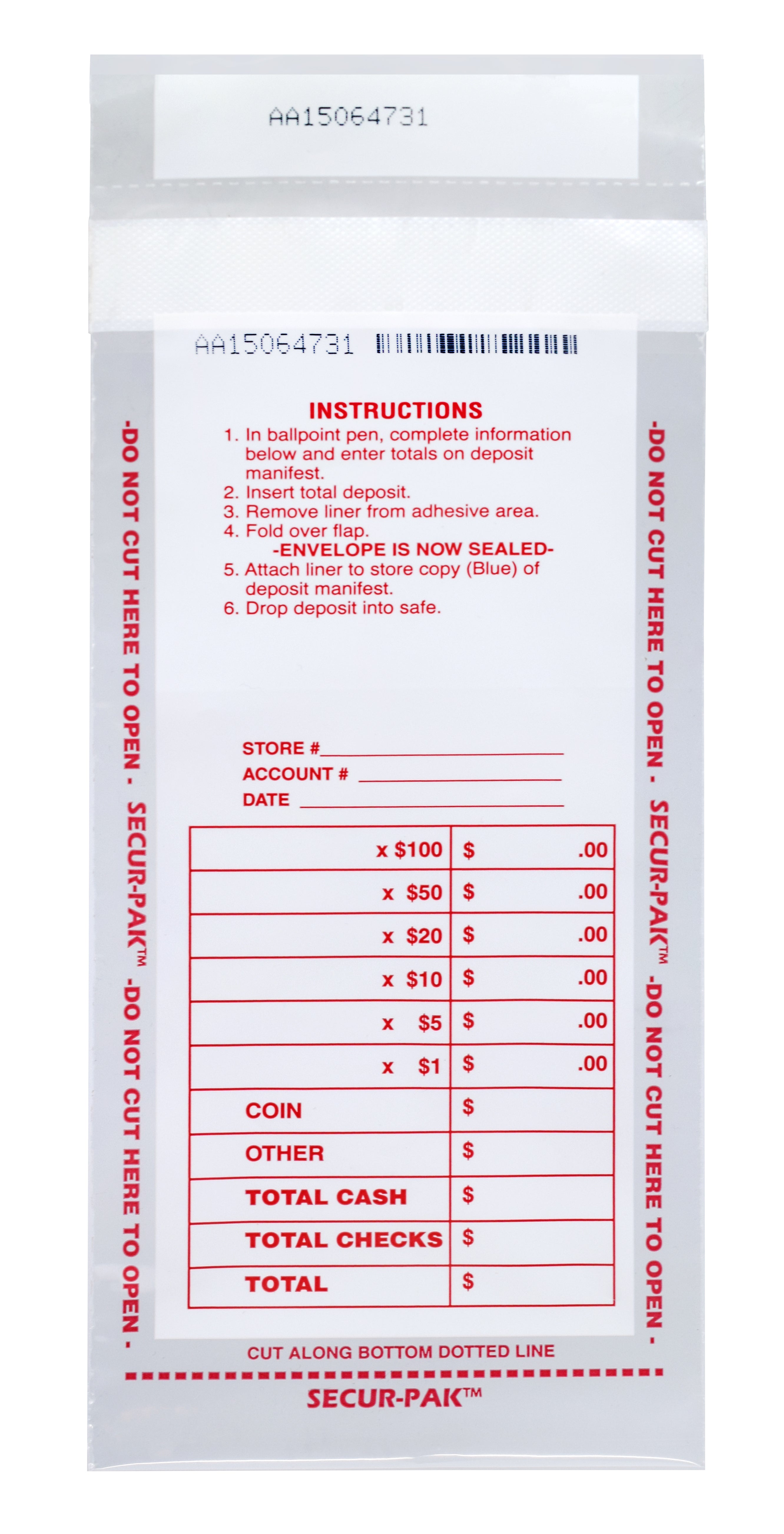 Drop Safe Cash Deposit Bag, 4.5"x9" Transparent, 100-Pack