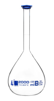 ASTM Class B Volumetric Flask with Blue Snap Cap, 2000mL, White Graduations and Blue Specifications, Borosilicate 3.3 Glass
