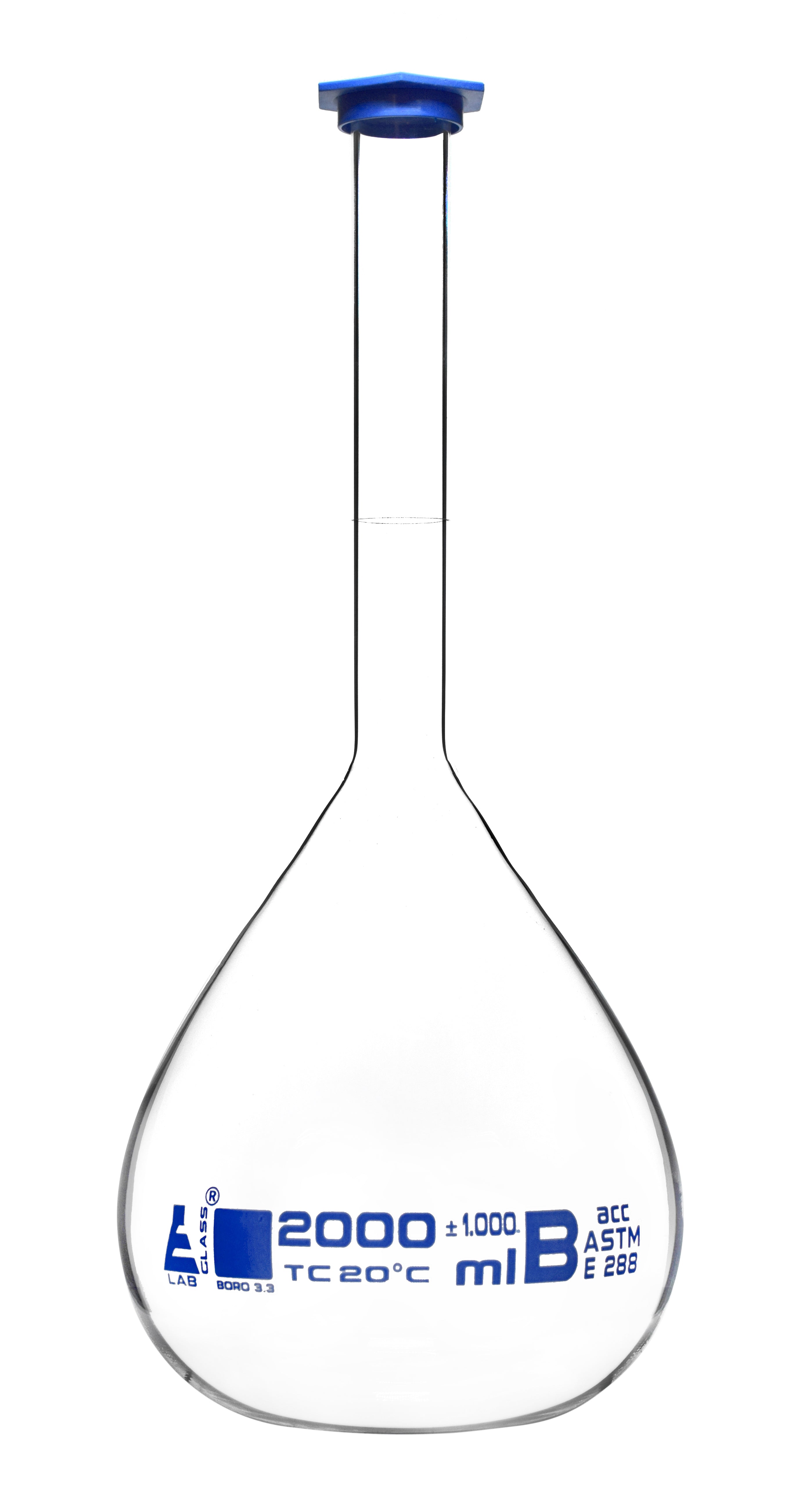 ASTM Class B Volumetric Flask with Blue Snap Cap, 2000mL, White Graduations and Blue Specifications, Borosilicate 3.3 Glass