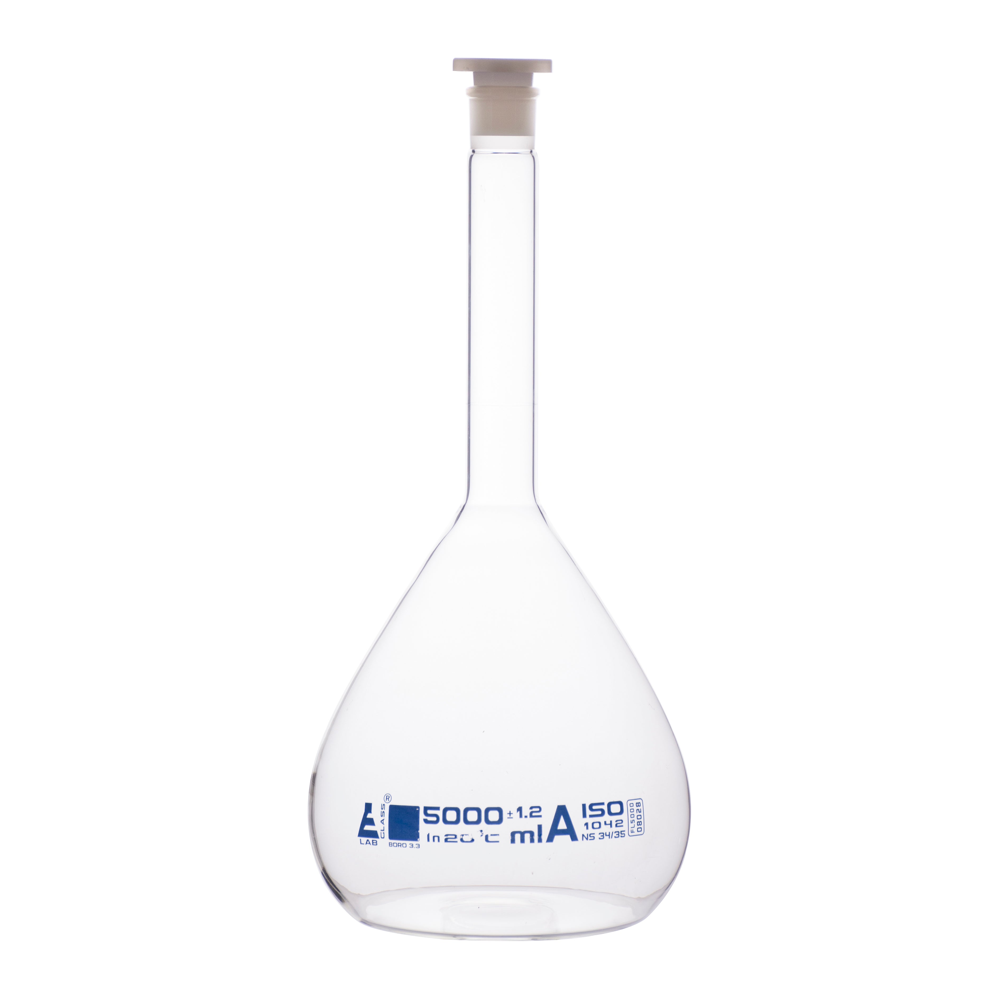 Class A Borosilicate Glass Volumetric Flask with Polyethylene Stopper, Blue Graduations