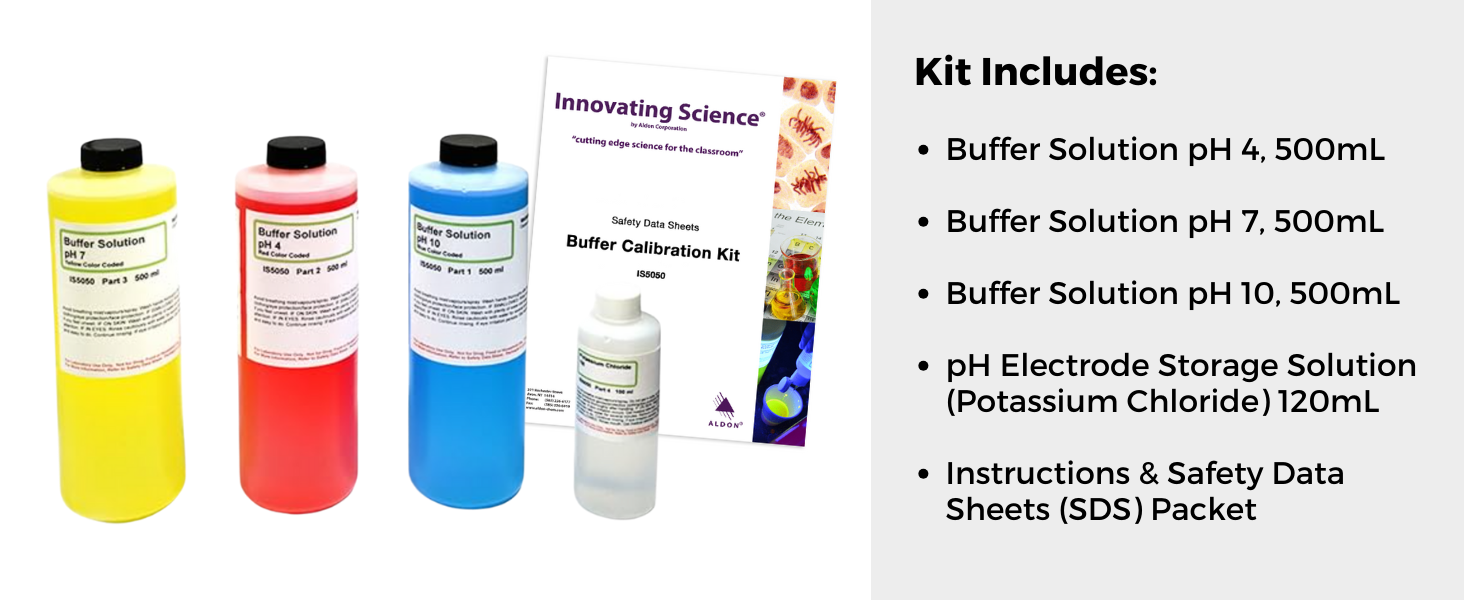 pH Buffer Calibration Solutions Kit with pH 4/7/10 Buffers and KCl Storage Solution, 500mL Each